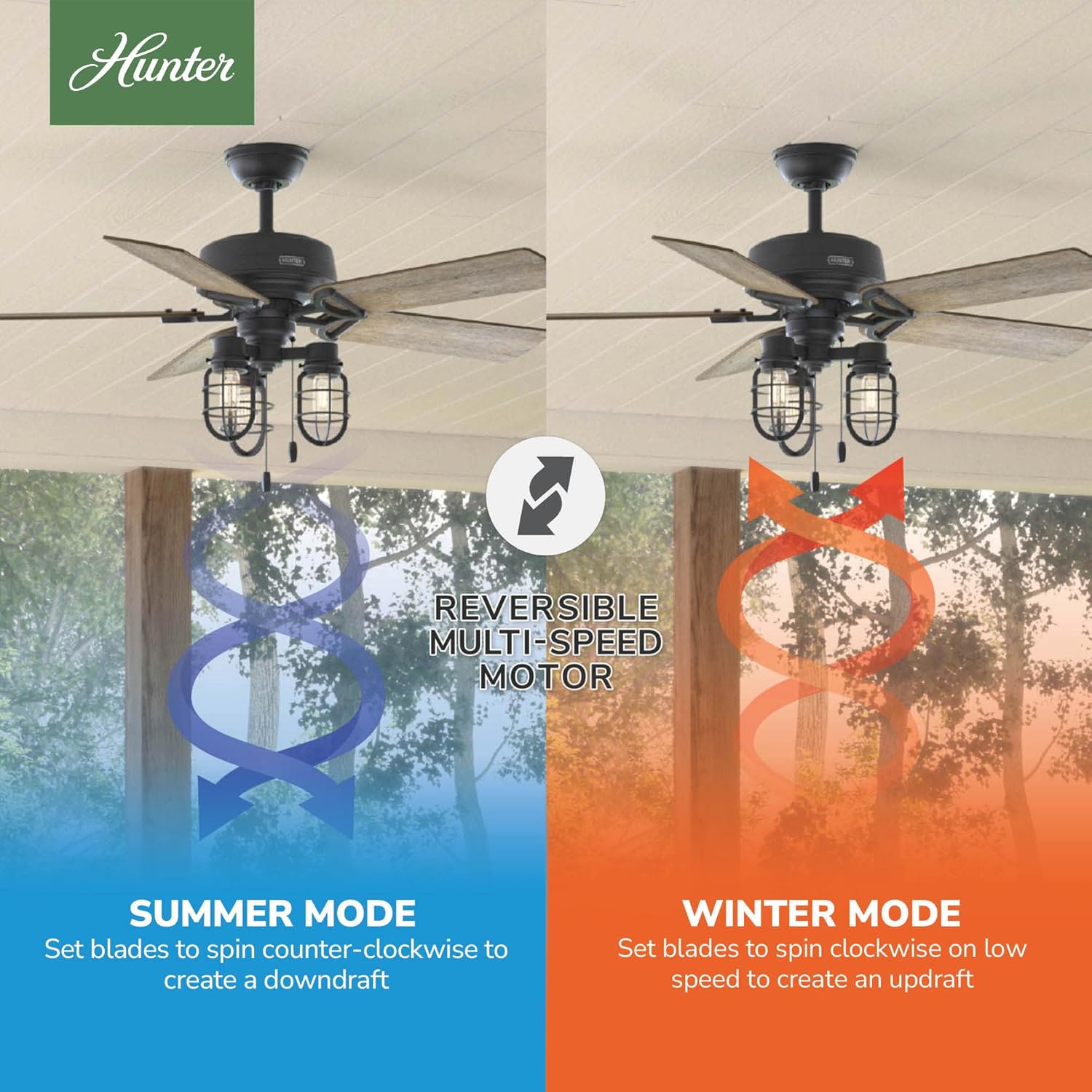 Hunter 52 inch Outdoor or Indoor Ceiling Fan with LED Lights and Pull Chain - Black Ceiling Fan, Standard Mount, 5 Blades, For Patio, Porch, Garage, or Living Room- Starklake 50409, Natural Black Iron
