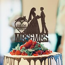 Lesbian Marriage Rustic Cake Topper Mrs & Mrs Wedding Cake Topper Two Brides Silhouette Wedding Cake Topper with Afghan Hound Dog Silhouette Personalized Bride LGBT Toppers with Dog Brown Wood