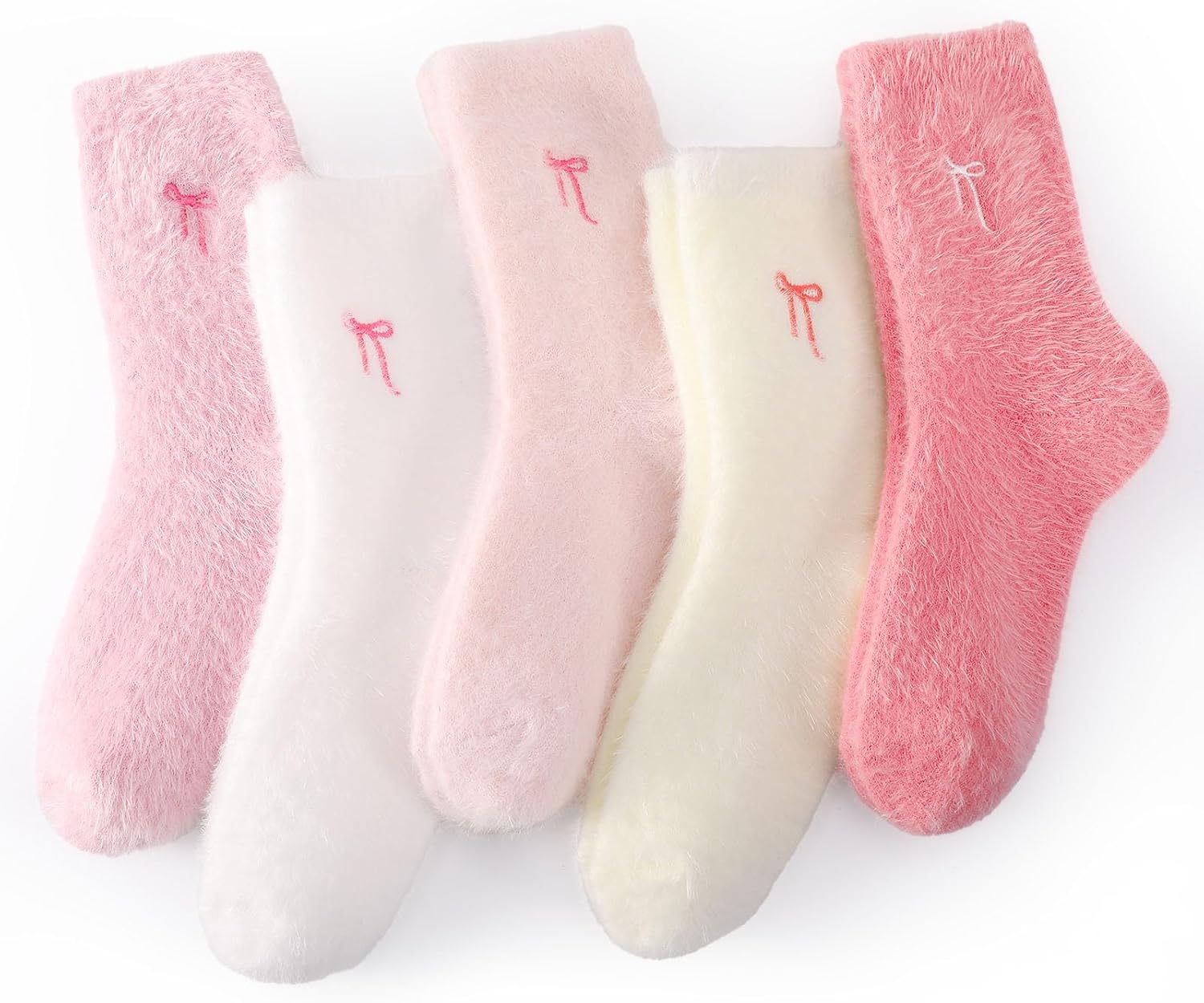 Jspupifip 5 Pairs Bow Fuzzy Socks for Women Cozy Soft Fluffy Slipper Sock Warm Winter Thick Home Sleeping Gradient Pink - Image 7