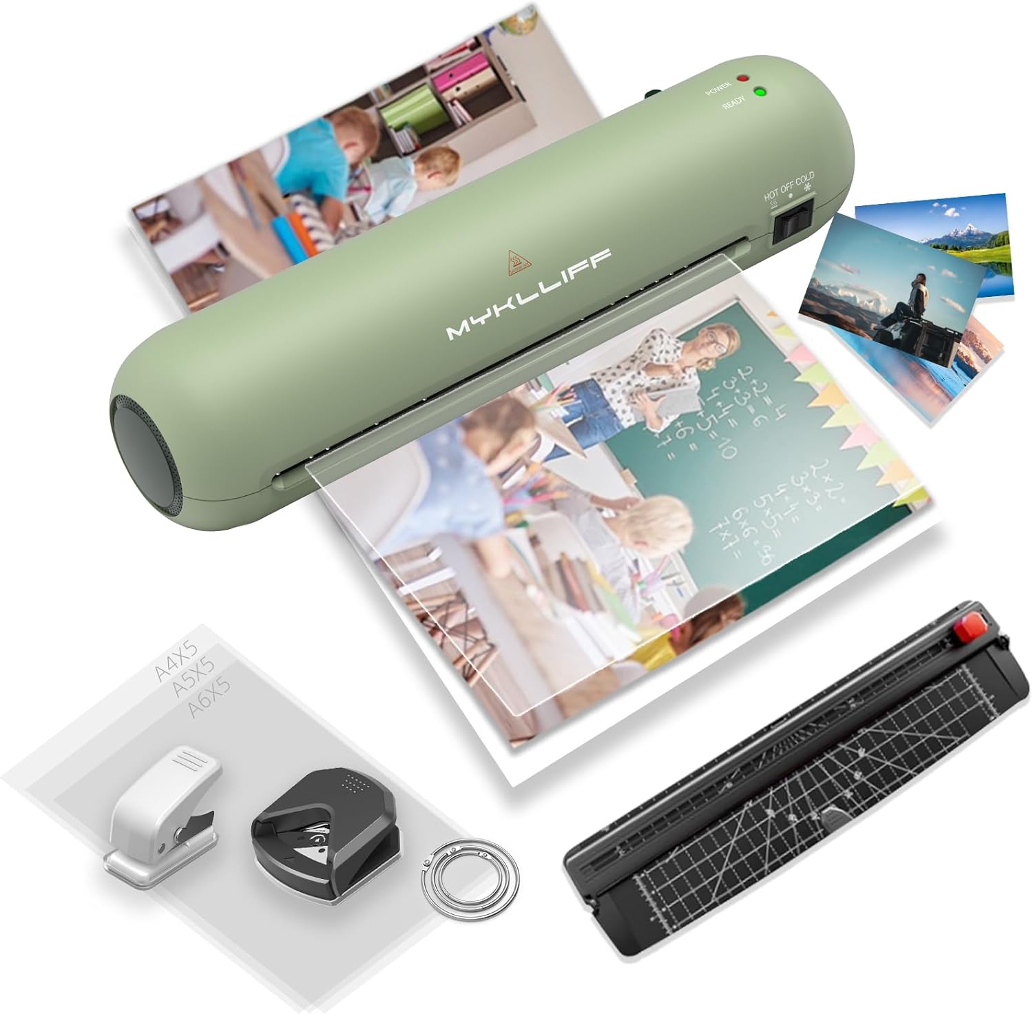 Laminator Machine 9-Inch Portable Thermal Laminater with Hot & Cold Modes, A4 Small Laminating Machine with ABS Jam-Release, 3-Min Warm-Up, 6-in-1 Photo Laminator Kit for Office & Class, Pearl Green