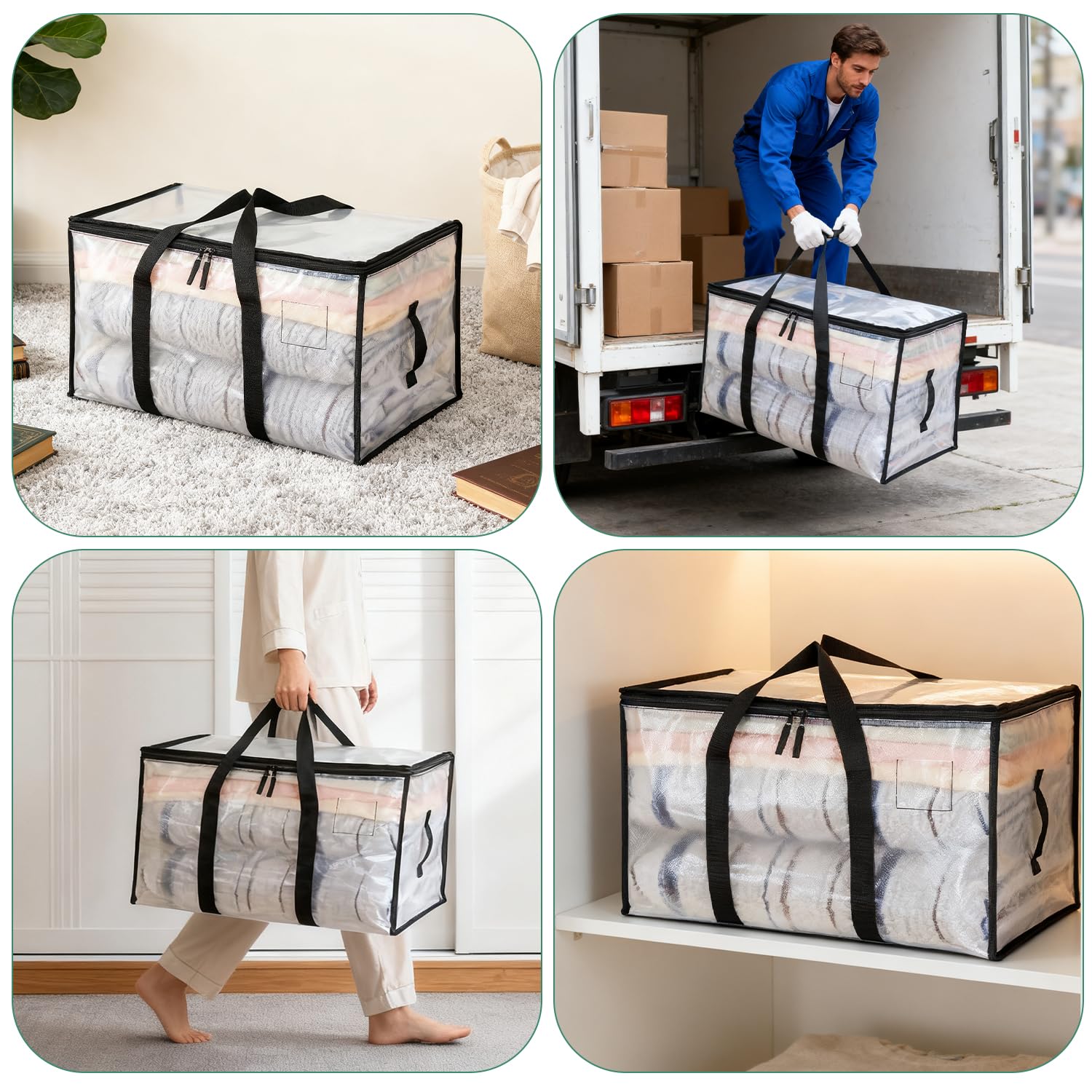 Lot de 2 90L Grands Sac de Rangement avec Couvercle et Poignées Renforcées, Sac Rangement Vetement, Cartons Déménagement Résistant pour Rangement des Vêtements et voyages, Sac à Linge