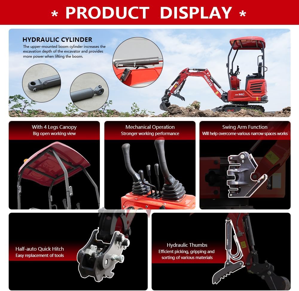 HY14C 1.4T Mini Excavator – 13.5HP B&S Gas Engine, Side Swing, Hydraulic Thumb, Quick Coupler – Inc. 6 Attachments: 200mm Bucket, Ripper, Rake, 800mm Bucket, Auger, Cover – Delivery Included