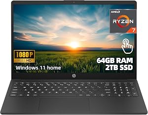 HP 15.6" FHD Touchscreen Laptop for Business and Home Use, Ryzen 7 5825U, 64GB RAM, 2TB SSD, Fast Wi-Fi 6, Radeon Graphics, Windows 11 Home, Portable Notebook for Work and Study