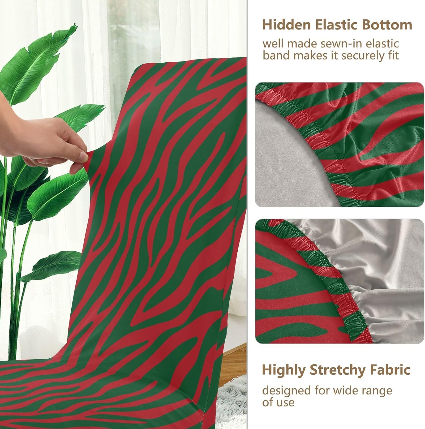 ALAZA Chair Covers for Dining Room, Christmas Red Green Zebra Print Pattern Stretch Chair Cover Sets Chair Protector Removable Washable for Ktichen Restaurant Hotel