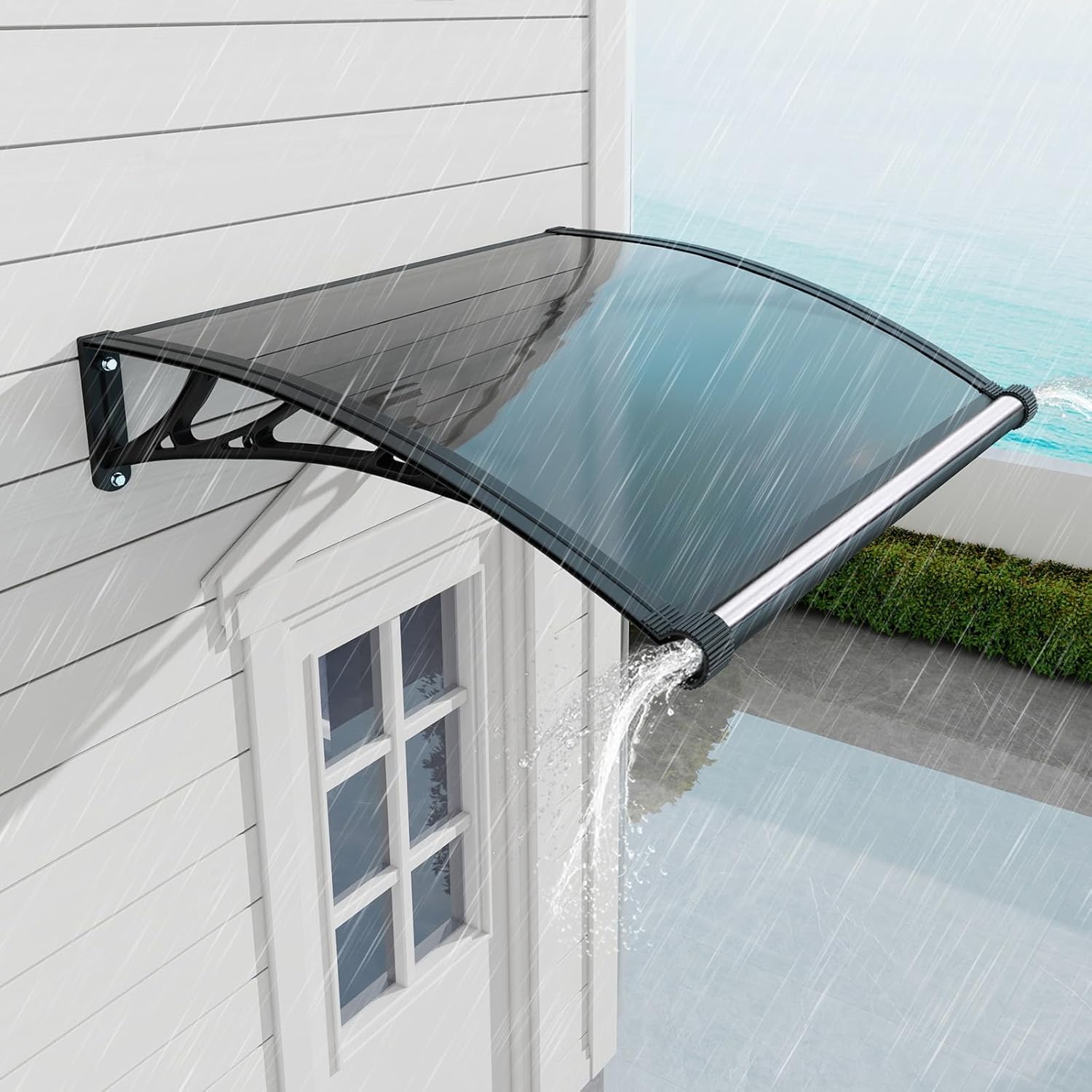 Awning for Door Entrance 32x40 Inch, Polycarbonate Canopy Front Door Awnings Exterior with Separate Drainage, All-Weather UV, Rain & Snow Protection for Porch, Patio, Window, or Deck