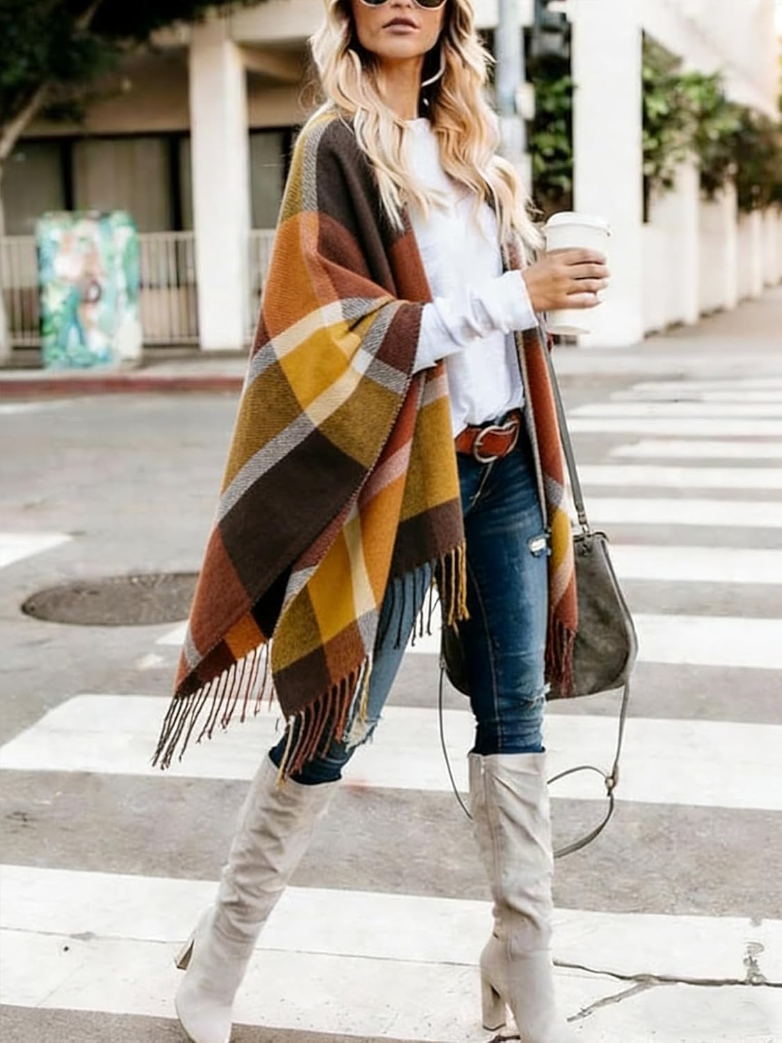 Moss Rose Women's Travel Plaid Shawl Wrap Open Front Poncho Cape for Fall Winter - Image 3