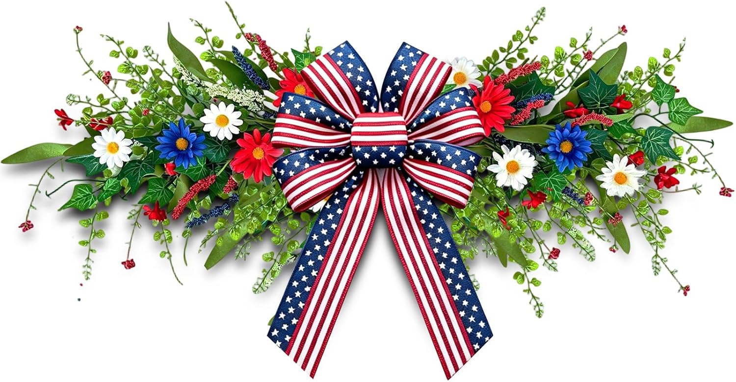4th of July Patriotic Floral Swag Artificial Red White and Blue Independence Day Front Door Daisy Flowers Twigs Swag Memorial Day 250th Anniversary Veterans Day Decor for Arch Wall Home Door Decor