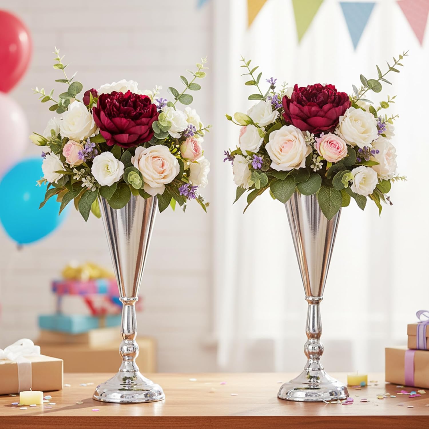 Metal Wedding Vases for Table Centerpieces: 2pcs of Silver Flower Trumpet Vases, Classic Flower Stands for Table Wedding Reception Party Christmas Event Home Decorations