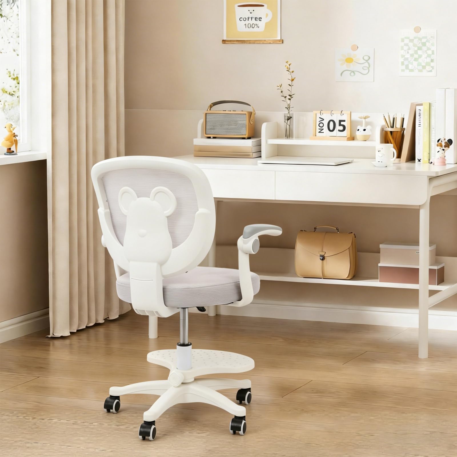 Krzesło do biurka dla dzieci, krzesło obrotowe dla dzieci z podłokietnikami, stopą podpierającą i regulowaną wysokością 76-86 cm, ergonomiczne, oddychające oparcie z tkaniny siatkowej