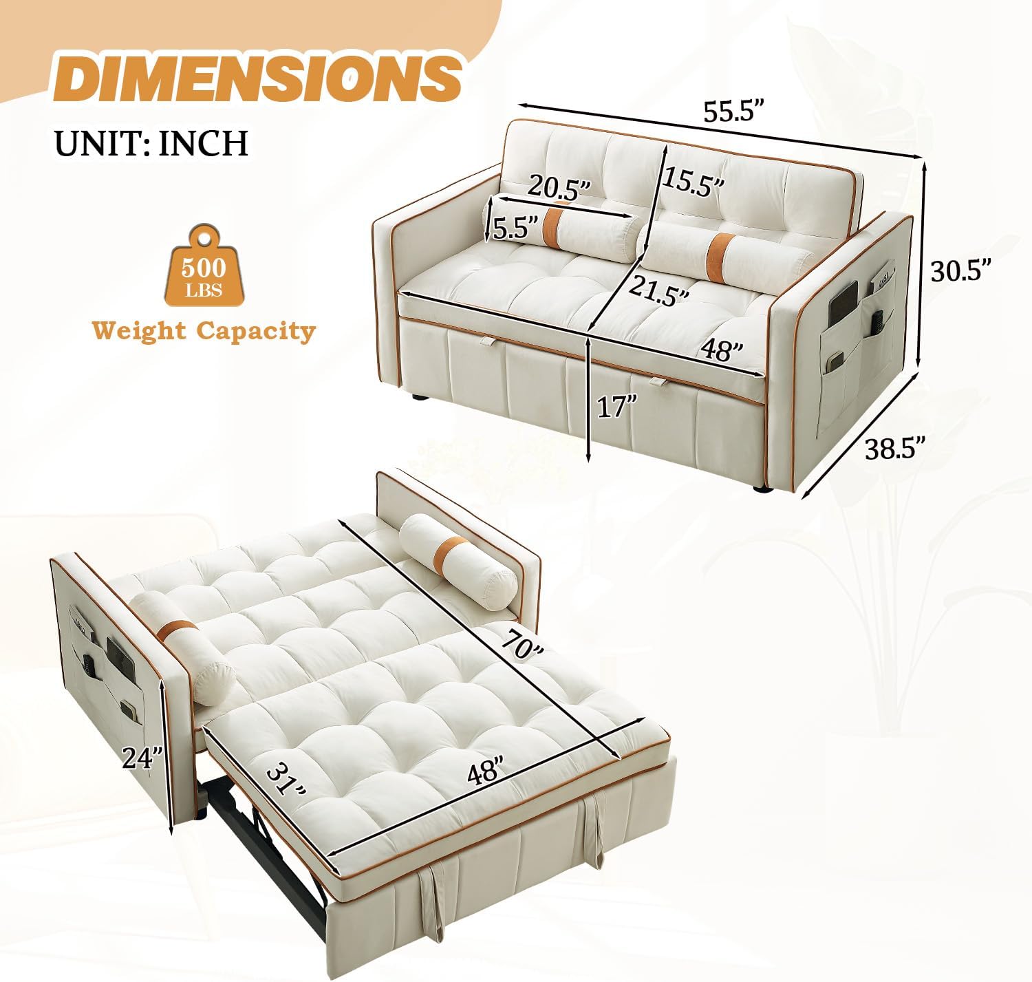 55.5-inch Small Futon Sofa Bed, Modern Tufted Velvet 3 in 1 Convertible Sleeper Sofa with Pull Out Bed, 2 Pillows for Small Space, Living Room, Apartment, Bedroom, Beige