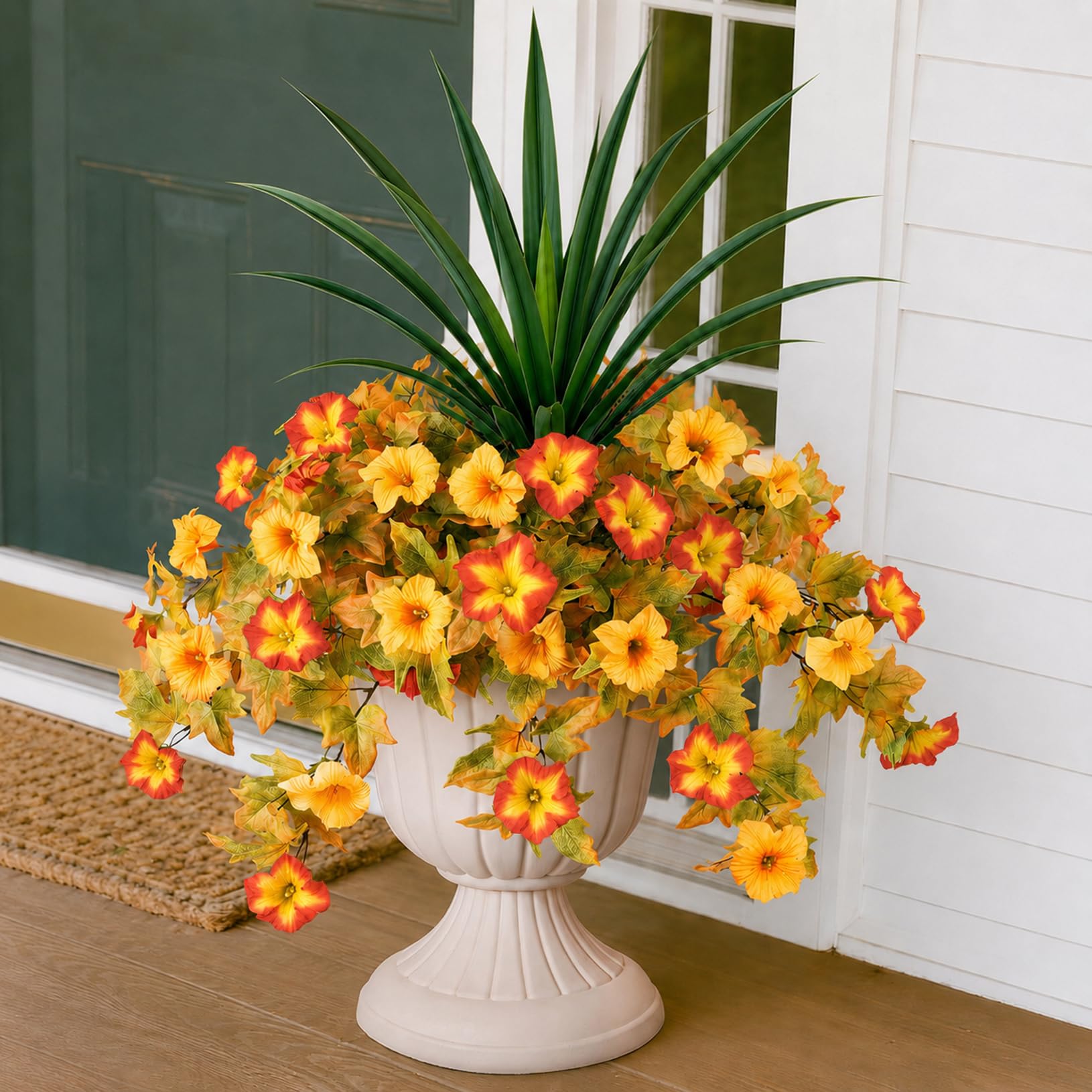 ATAVSADN Artificial Flowers for Outdoor, 2 Bundles Silk Morning Glory with 2 Orchid Leaves, UV Resistant Fake Plants for Outdoor Indoor Planters, Porch, Patio, Garden Decor Orange Yellow,One Size