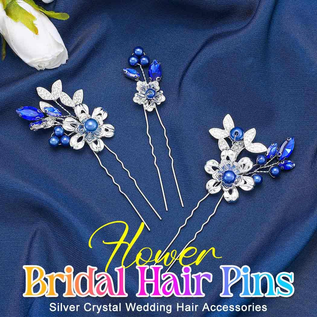HEREAD Blue Crystal Bride Wedding Hair Pins Silver Flower Bridal Hair Pieces Pearl Hair Accessories for Women and Girls (Pack of 3) (Blue) - Image 3