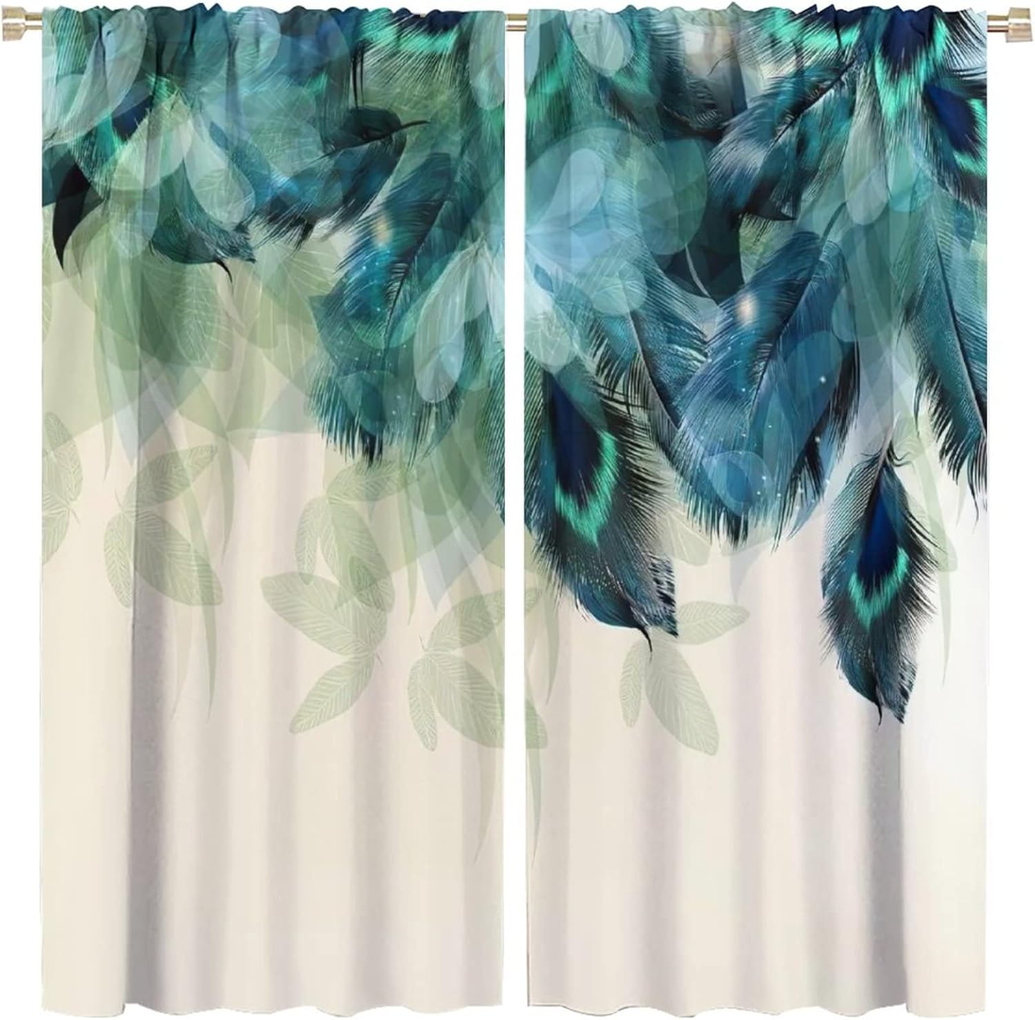 Watercolor Peacock Feather Bathroom Window Curtains,Green Watercolor Printed Theme Home Rod Pocket Window Drapes 2 Panels Set for Living Room Kitchen Bedroom Decor W52xL84in