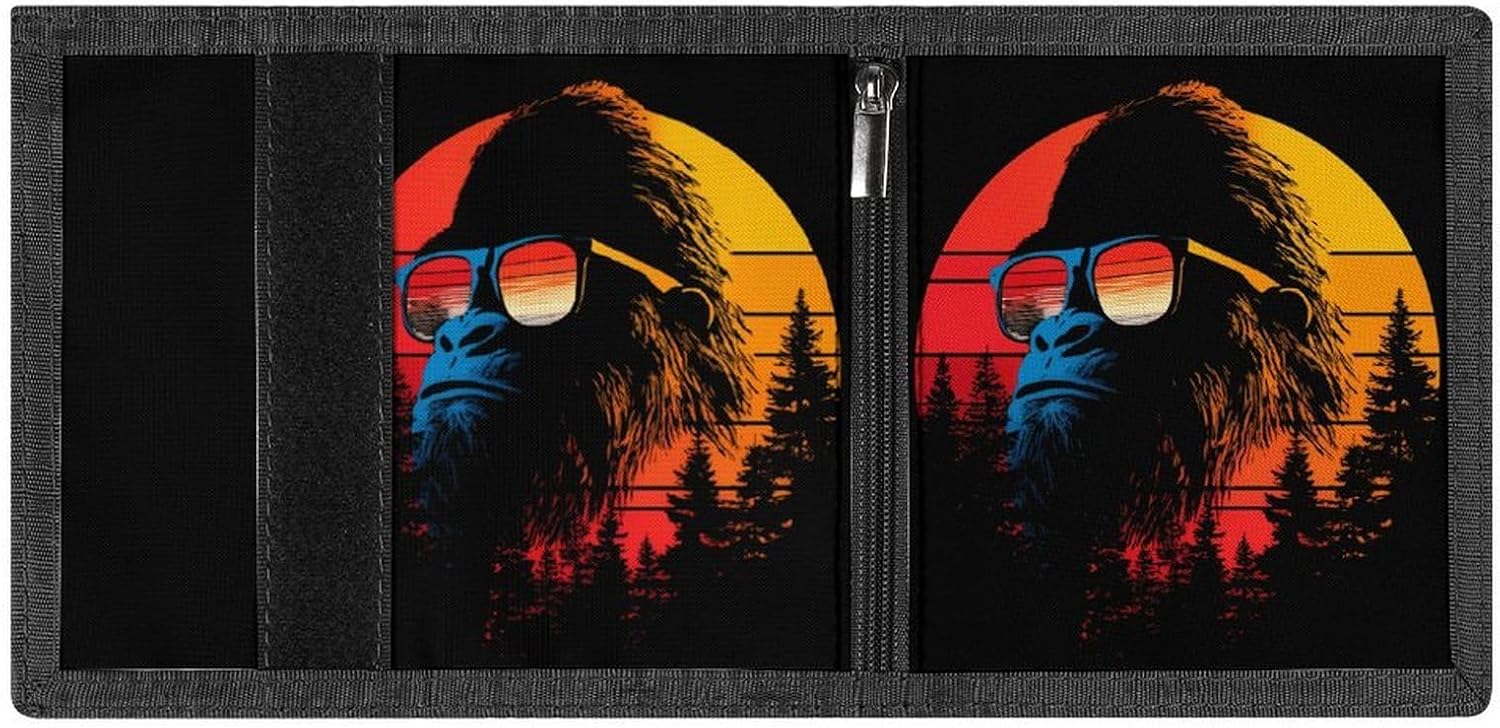 Vintage Sunset Bigfoot with Glasses Trifold Slim Wallet Front Pocket With Money Clip And ID Credit Card Slots For Travel Work