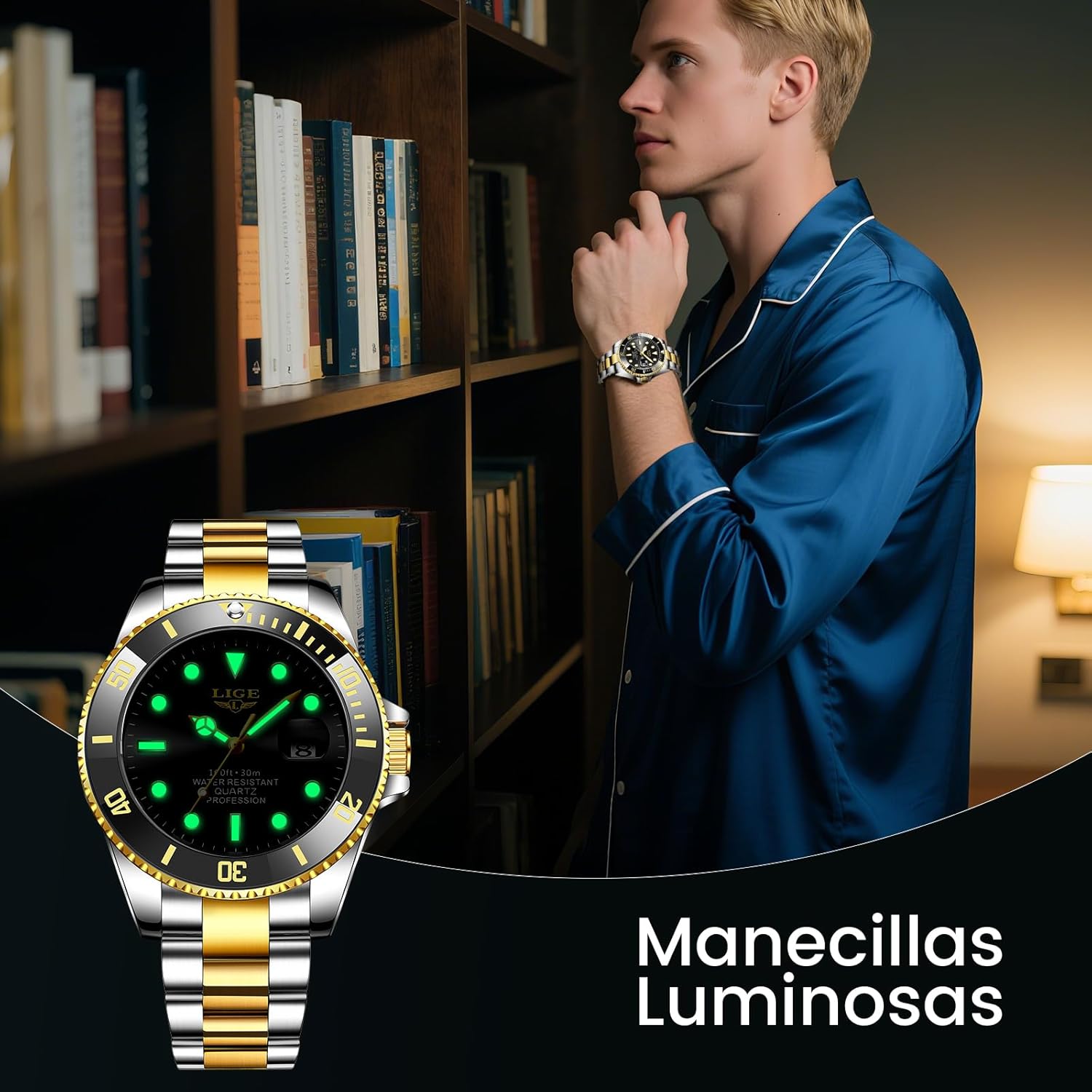 LIGE Horloges voor heren, herenhorloge, analoog kwarts roestvrij staal, 3 ATM waterdicht (30 m), kalenderfunctie, lichtgevende wijzers, polshorloge