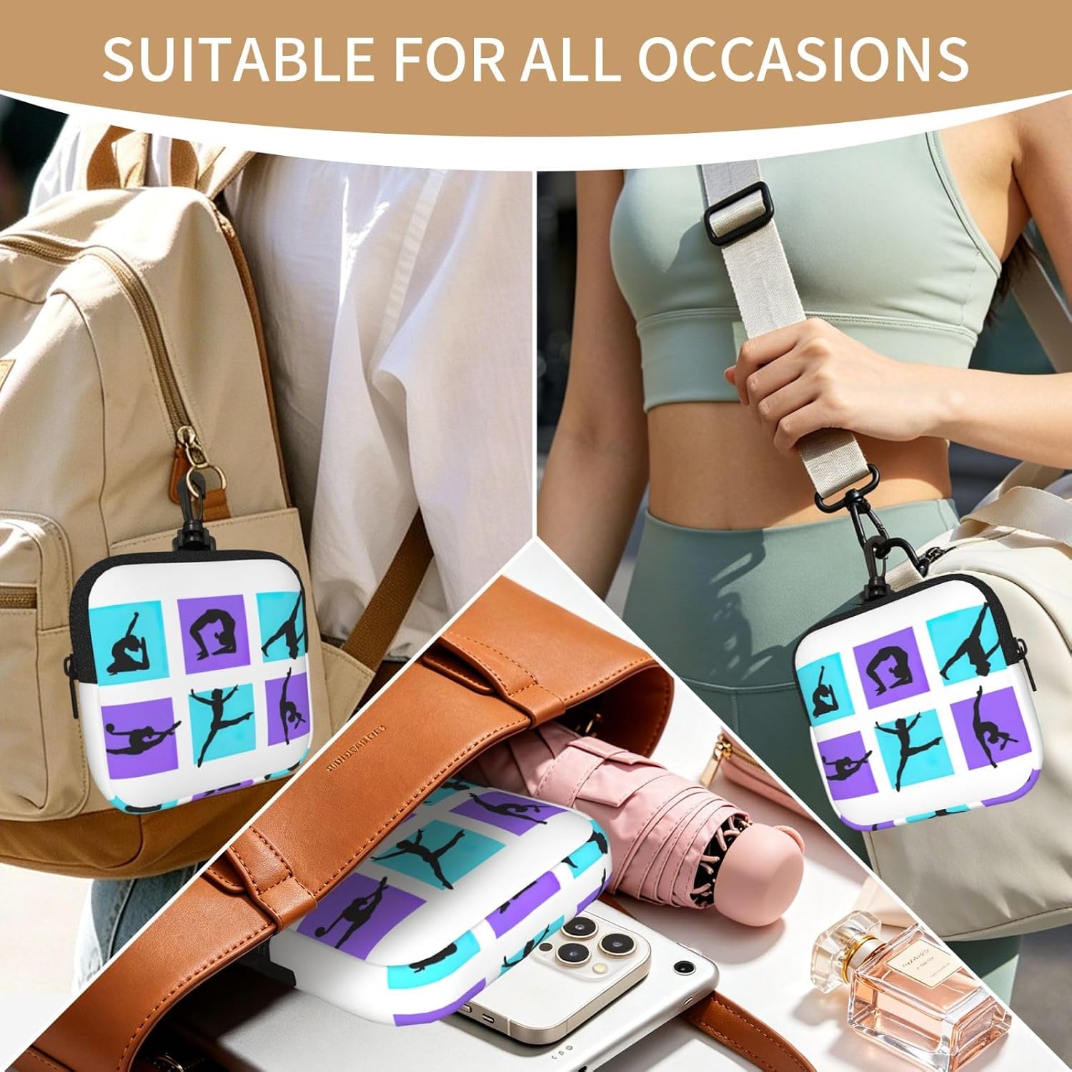 Gymnastics Game Print Square Zipper Storage Bag, Mini Travel Waist Pouch With Lobster Clip For Earbuds And Keys
