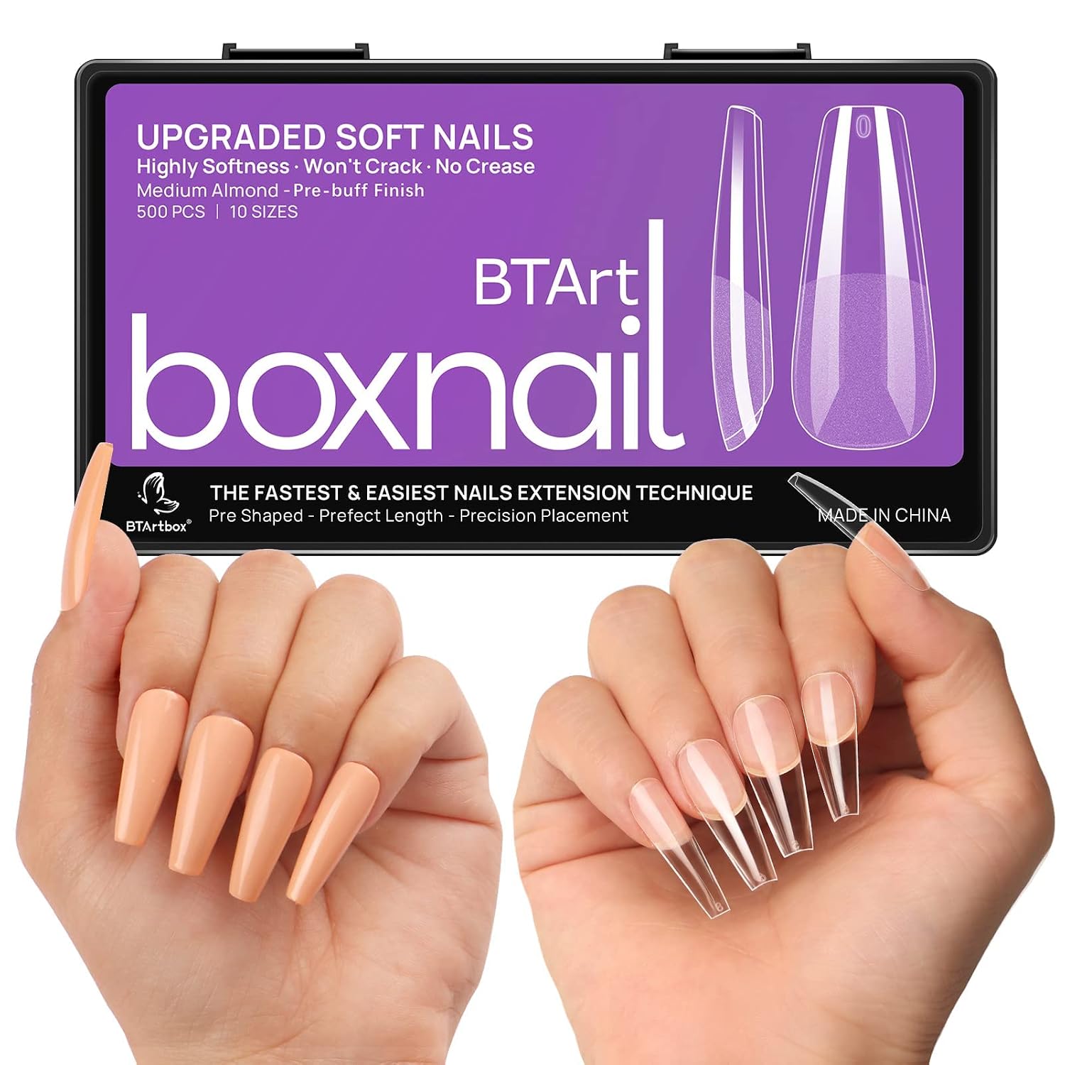 Coffin Gel Nail Tips - BTArtbox 500pcs Pre-buff Soft Gel Nail Tips Soak Off, No Crack, No Trace, Full Cover Ballerina Nail Tips Long Fake Nails for Nail Extensions with Case, 10 Sizes