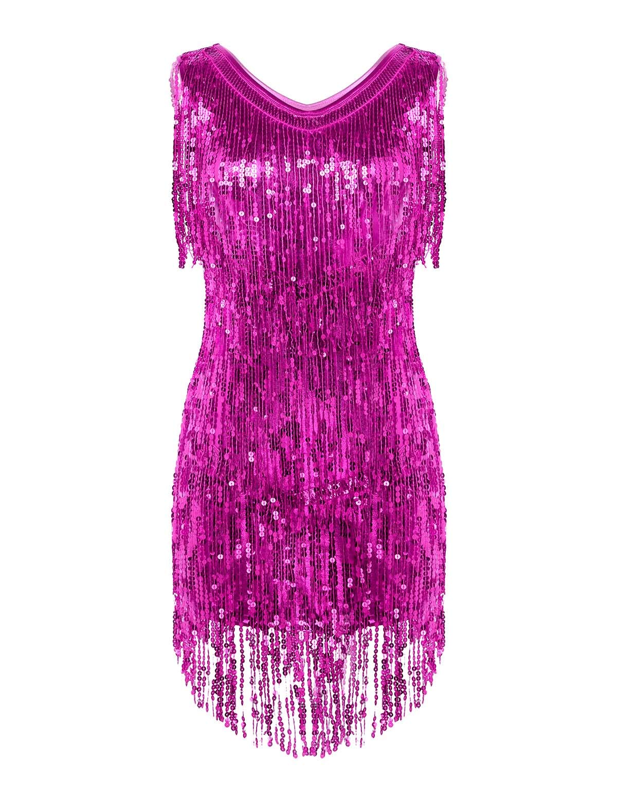Agoky Mouwloze paillettenjurk voor dames, V-hals, glitterkwasten, partyjurk, flapperkostuum, dansjurk, samba, tango, latin-outfits, koningsblauw, L