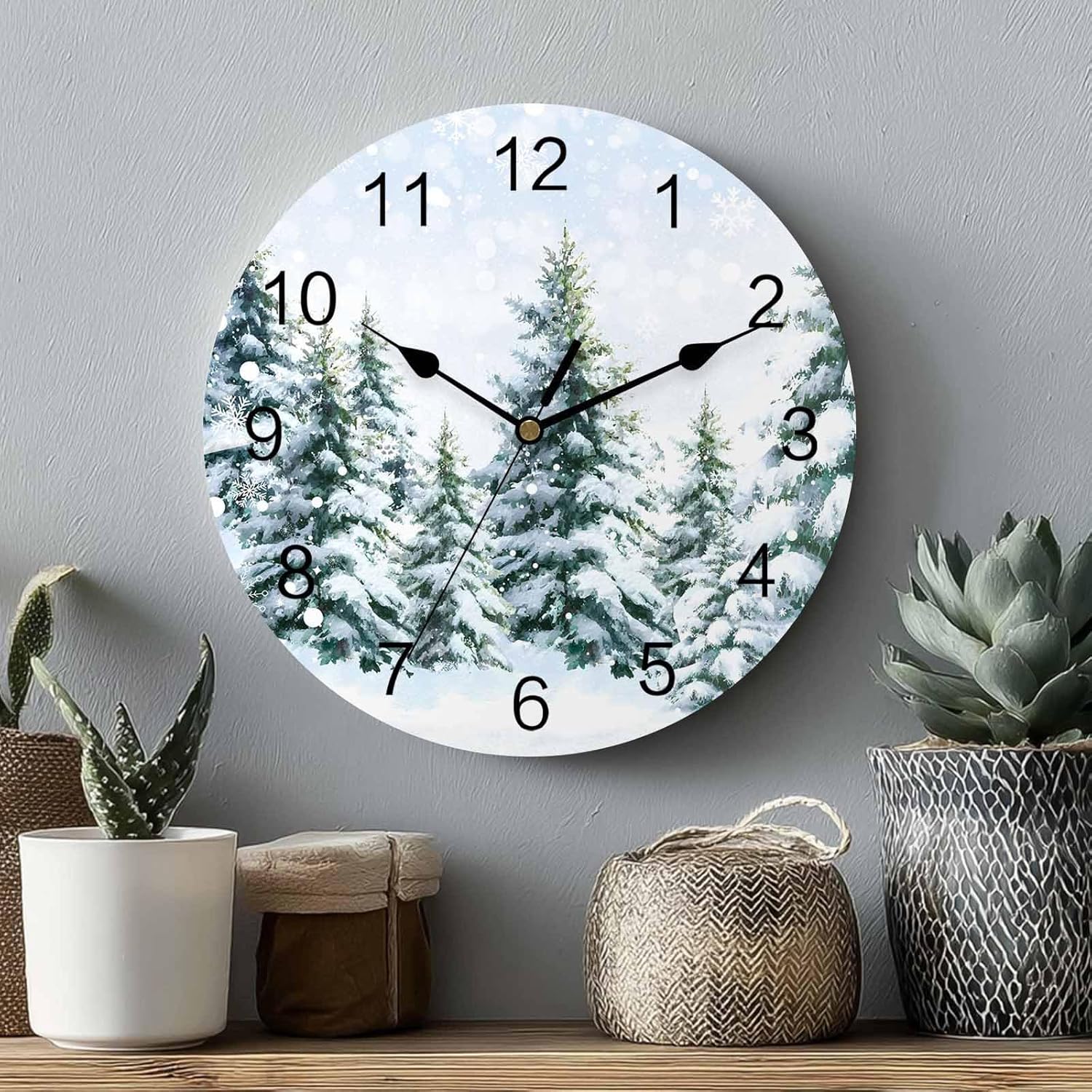 LooPoP Christmas Wall Clock Pine Tree Forest Clocks PVC Silent Non-Ticking Battery Operated Winter Snow Round Clock for Home Living Room Office Kitchen Bedroom Xmas Holiday Wall Decor 10 Inch