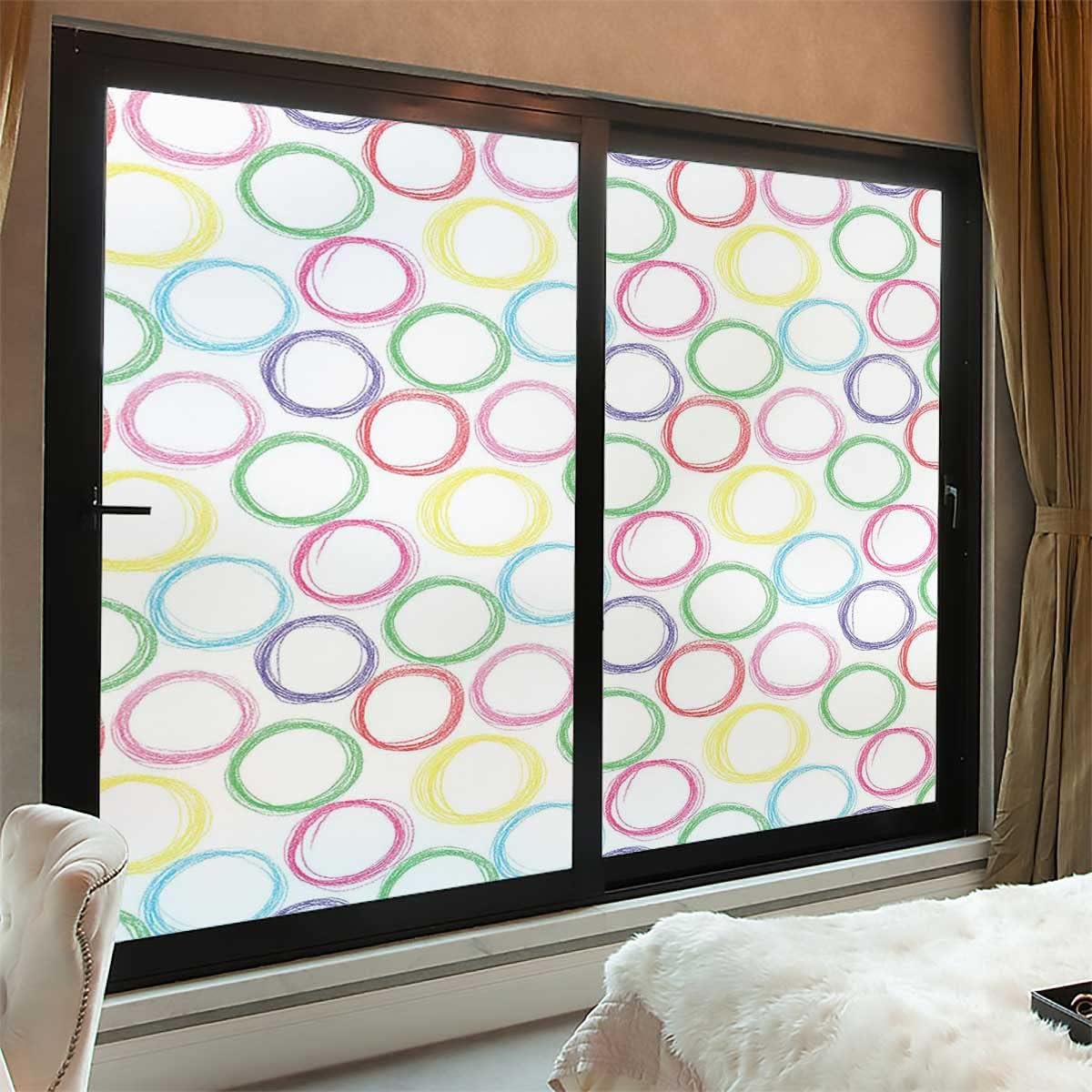 Stained Glass Window Film Privacy Childish Scribble Circles Window Film Privacy and Sun Control Natural 23.6Wx78.7L-inch x2 Pcs