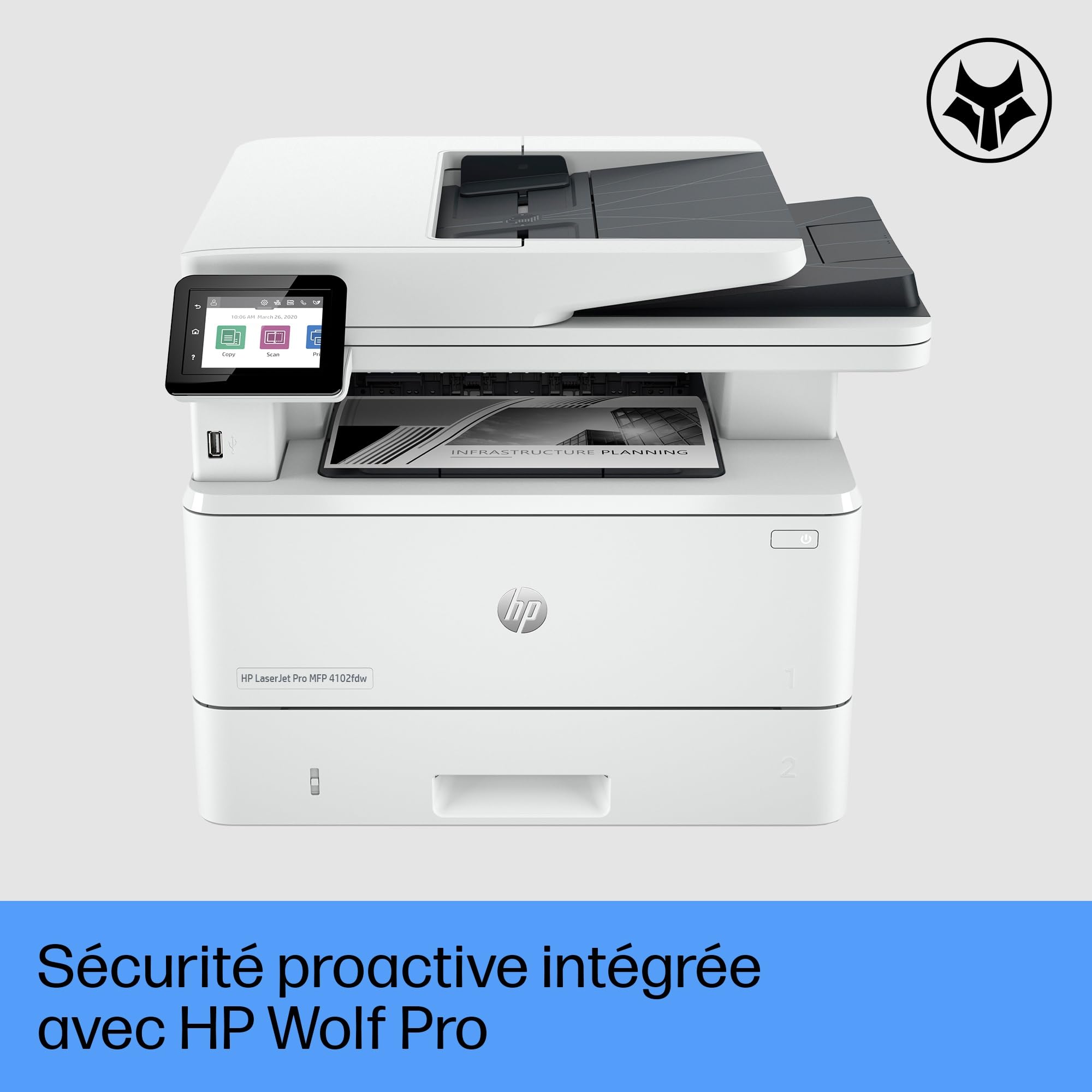 HP LaserJet Pro MFP 4102fdw, 2Z624F, imprimante Multifonction A4, Impression Automatique Recto-Verso, 42 ppm, Port USB hôte, Wi-FI, Ethernet, fax, ADF, Smart, Blanche