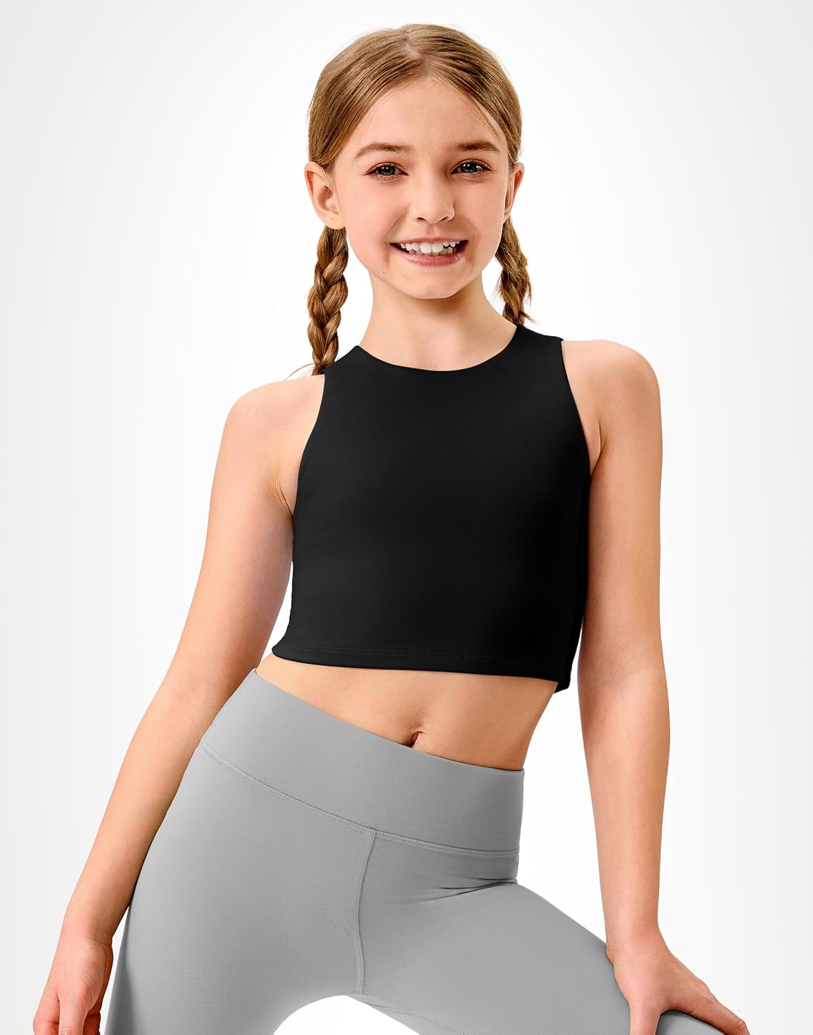 Girls Athletic Tank Tops Kids Dance Workout Shirts Non-See-Through Sleeveless Tops for Teens 5-14Years