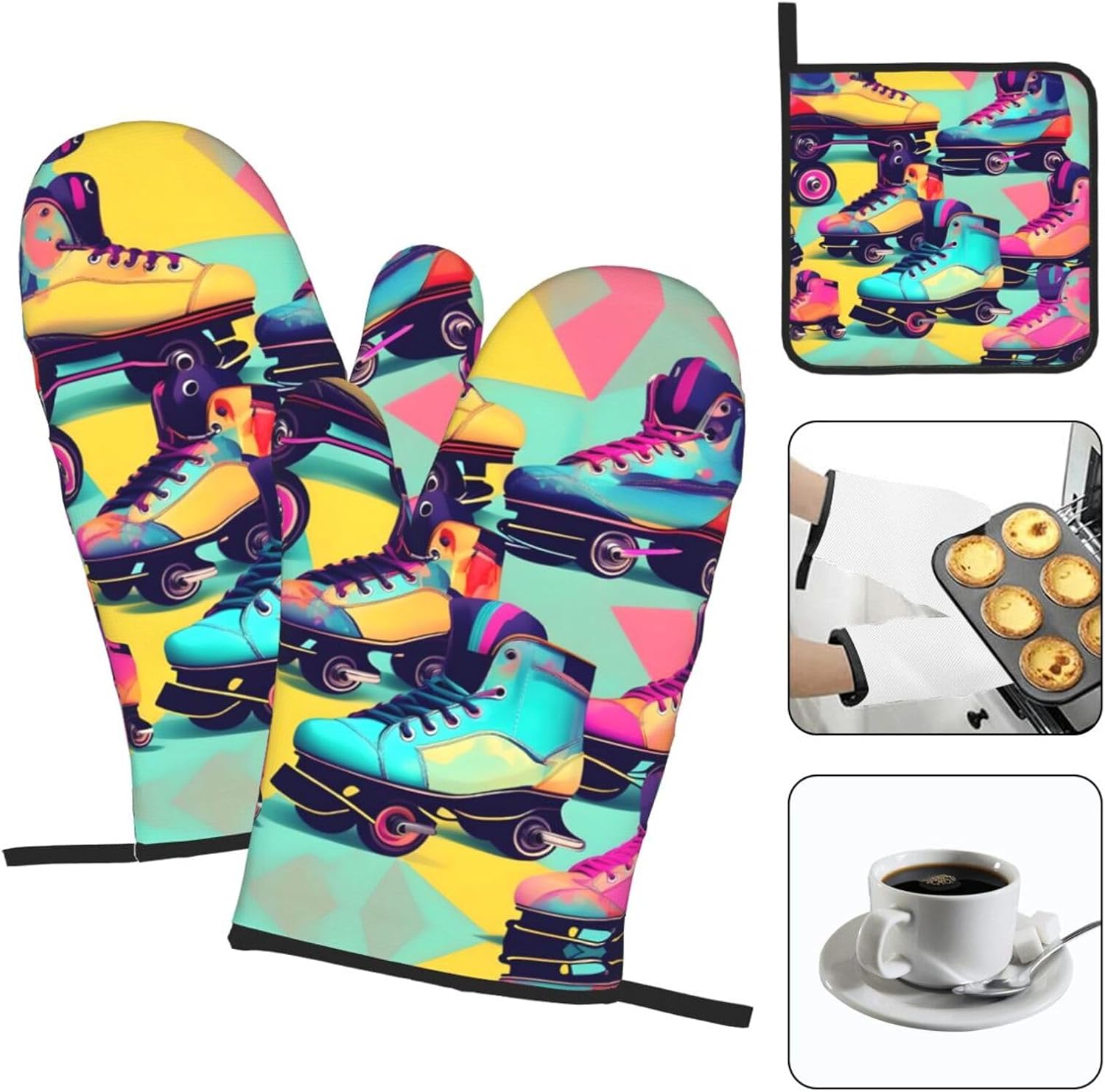 Retro Roller Skates Colorful Print Heat Resistant Microwave Gloves, Used for Baking, Cooking, and Fashion Kitchen Essentials