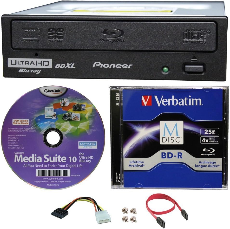 Pioneer BDR-211UBK Internal Ultra HD 4K Blu-ray BDXL Burner with 25GB Verbatim M-Disc BD-R,Cyberlink and Cable