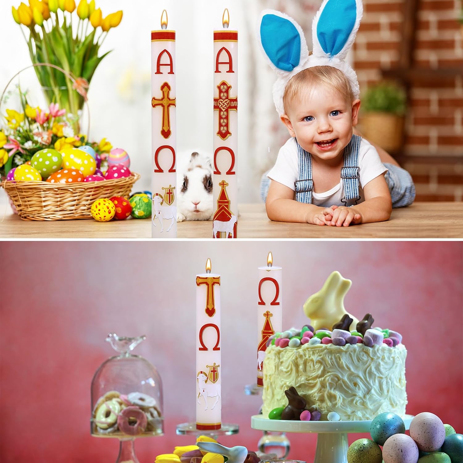 2 Pcs 18 Inch Large Easter Paschal Candle Cirios Religiosos Catolicos 2026 Alpha Cross Week Religious Catholic Church Candles for Baptisms Prayer Holy Week Church Supplies Easter Decoration