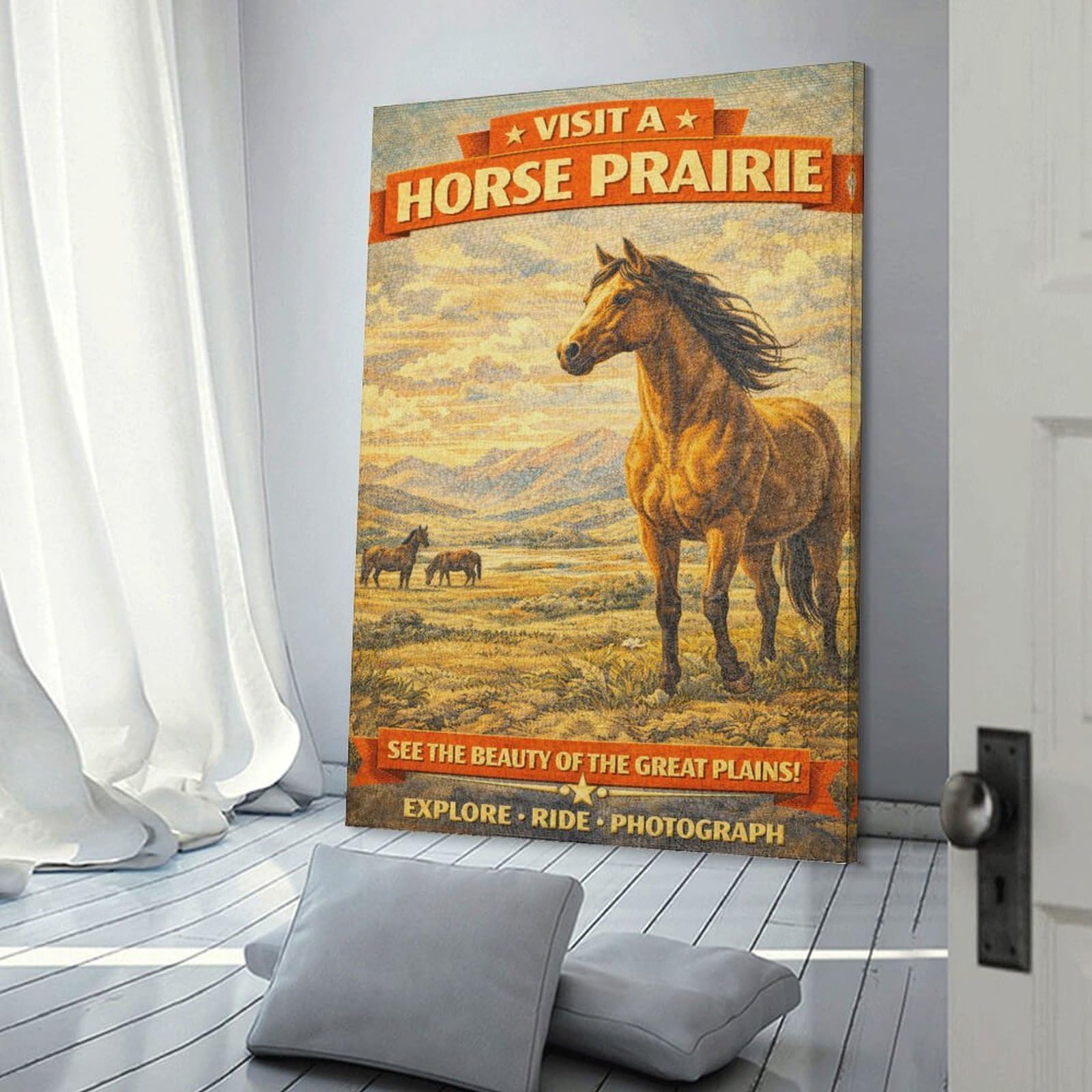 Junmoney Frame-Style-5 Visit A Horse Prairie Vintage Decorative Wall Artwork, 20X30inch(50X75cm), For Study, Office Or Focused Interiors, A Smart Decor Choice For Study Walls