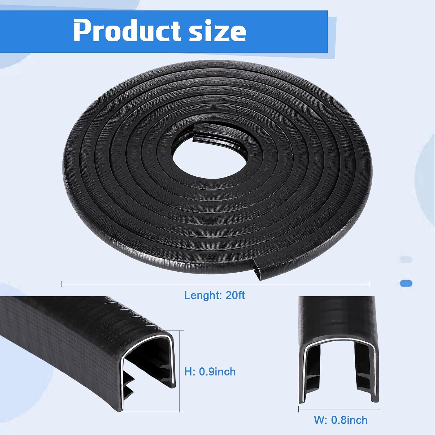 20ft U-Shape Edge Trim Fits 1/2" Edge, Rubber Strip with Metal Clips for Edges Protector, Black Edges Banding Strip for Sharp/Rough Surface, Tables, Cars, Door Frame, Boat & More