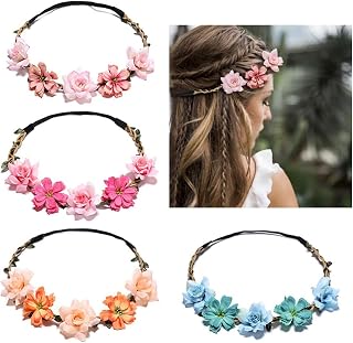 HONGCAUP 4 Pack Bohemian Flower Crowns - Adjustable Elastic Floral Headbands for Bridesmaids, Weddings, Festivals & Boho Women