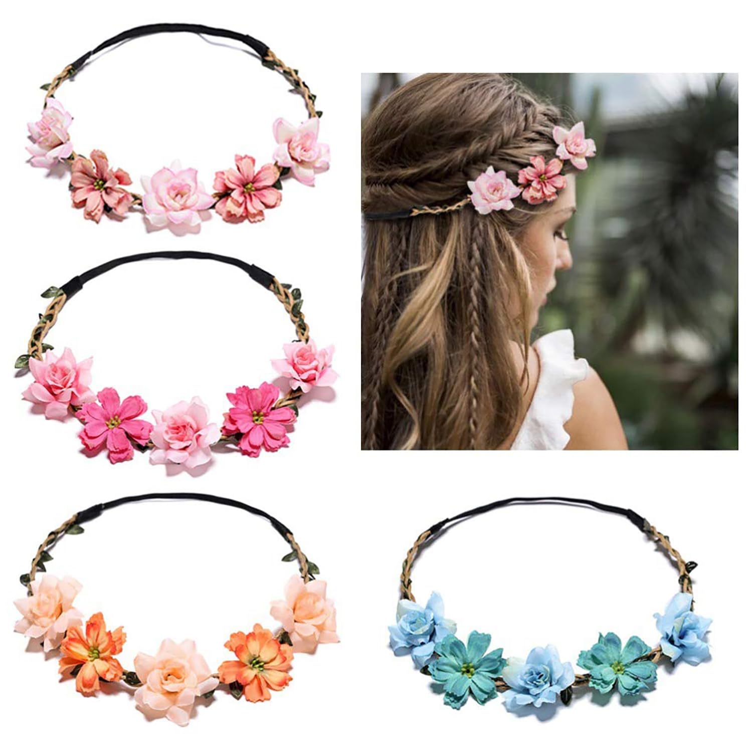 HONGCAUP 4 Pack Bohemian Flower Crowns - Adjustable Elastic Floral Headbands for Bridesmaids, Weddings, Festivals & Boho Women