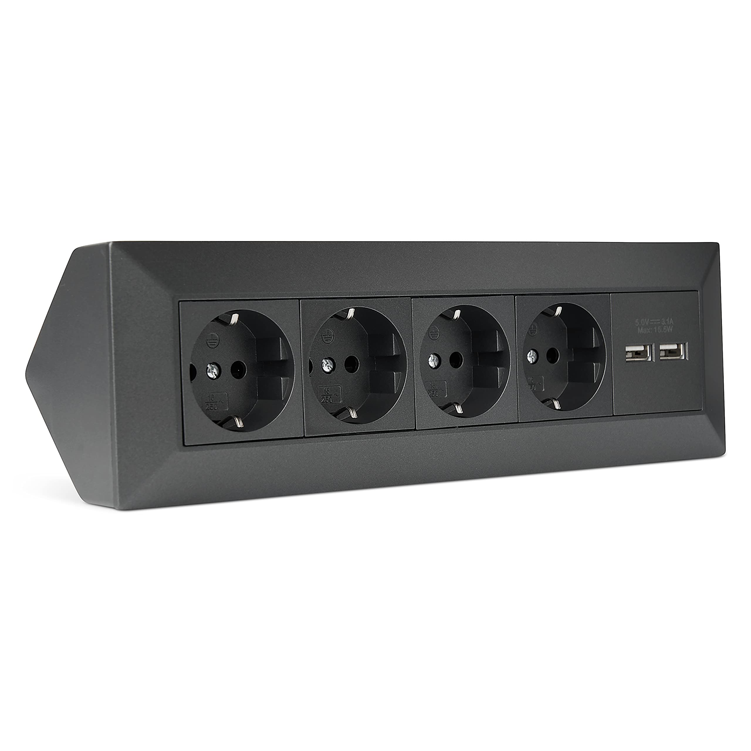 Ciabatta elettrica a 4 prese e 2 prese USB-A 3,1 A, colore antracite, per cucina e ufficio, di alta qualità, presa angolare da tavolo, presa da incasso