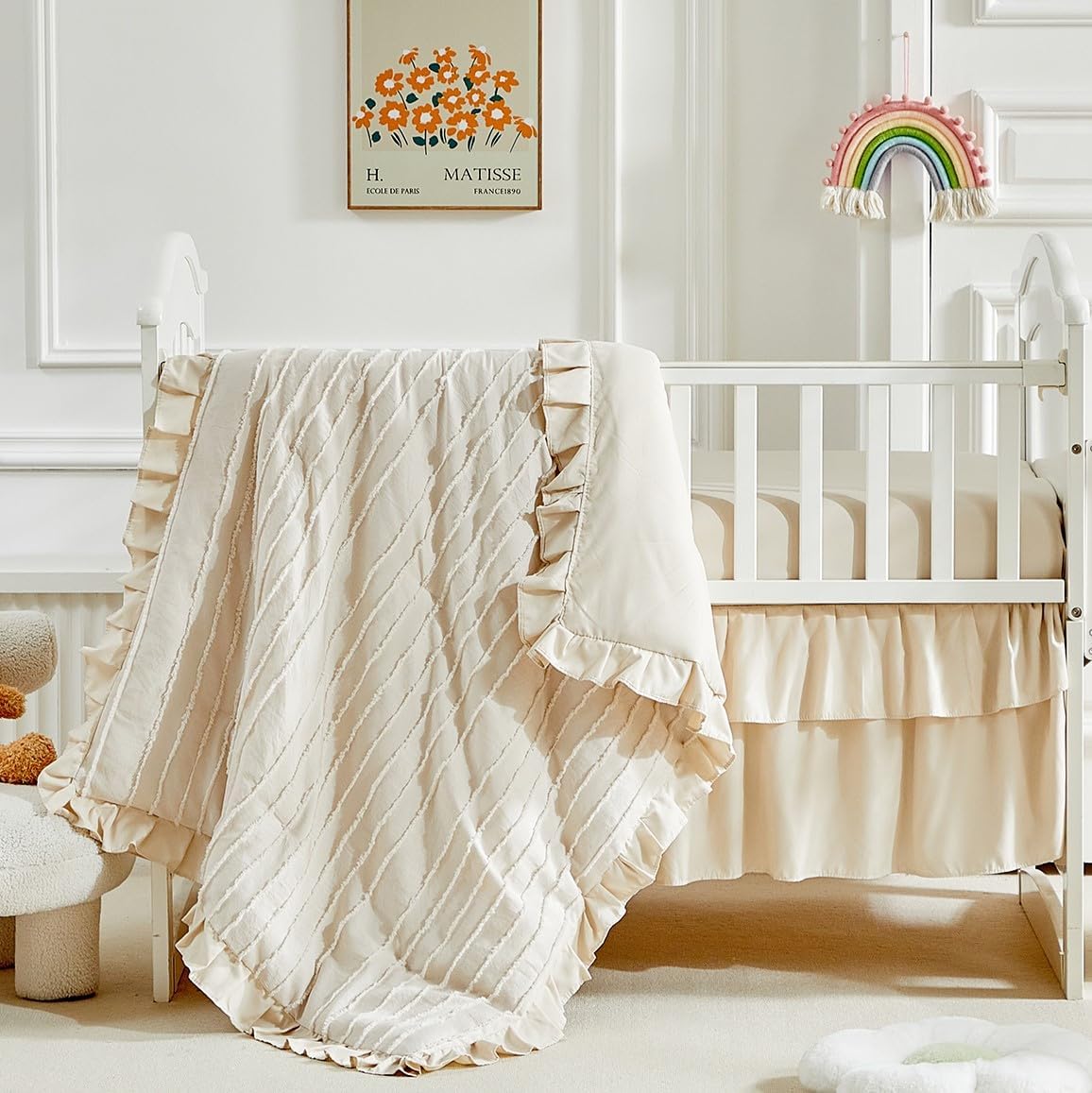 3 Pieces Tufted Stripes Crib Bedding Set with Ruffle Fringe, Beige Ruffled Comforter with Fitted Sheet and Bed Skirt, Soft and Embroidery Shabby Chic Boho Bohemian Jacquard Design for Baby Girls Boys