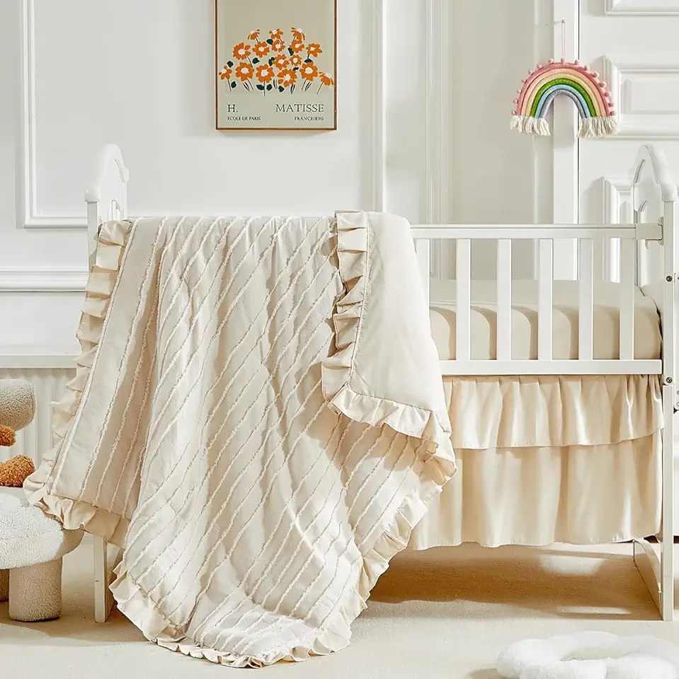 3 Pieces Tufted Stripes Crib Bedding Set with Ruffle Fringe, Beige Ruffled Comforter with Fitted Sheet and Bed Skirt, Soft and Embroidery Shabby Chic Boho Bohemian Jacquard Design for Baby Girls Boys