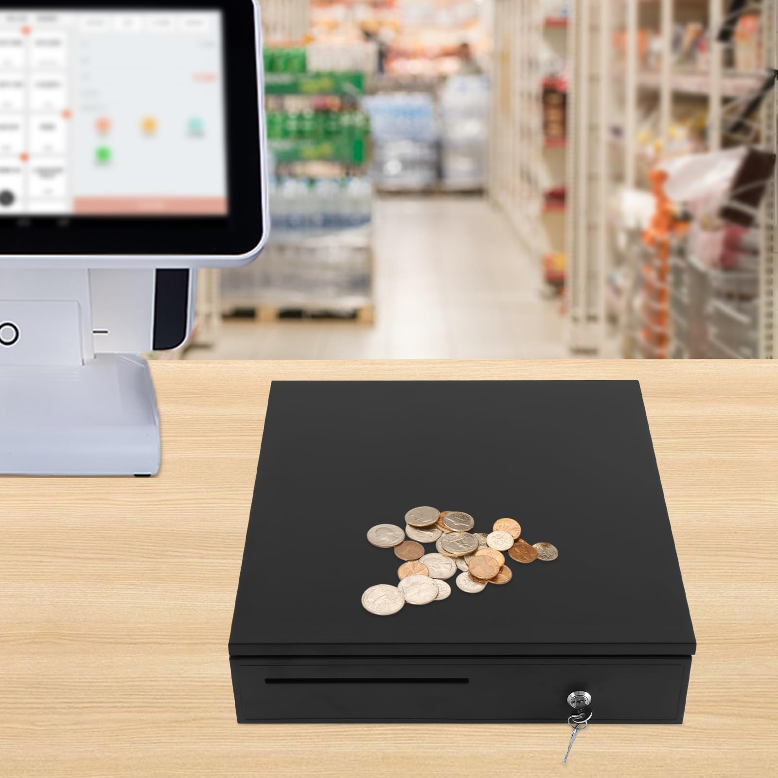 Cajón de efectivo con 4 compartimentos para billetes y 8 para monedas, cajón de dinero con bloqueo de 3 posiciones, apertura manual, control eléctrico, bloqueo, caja registradora 42,5 x 40,5 x 10 cm