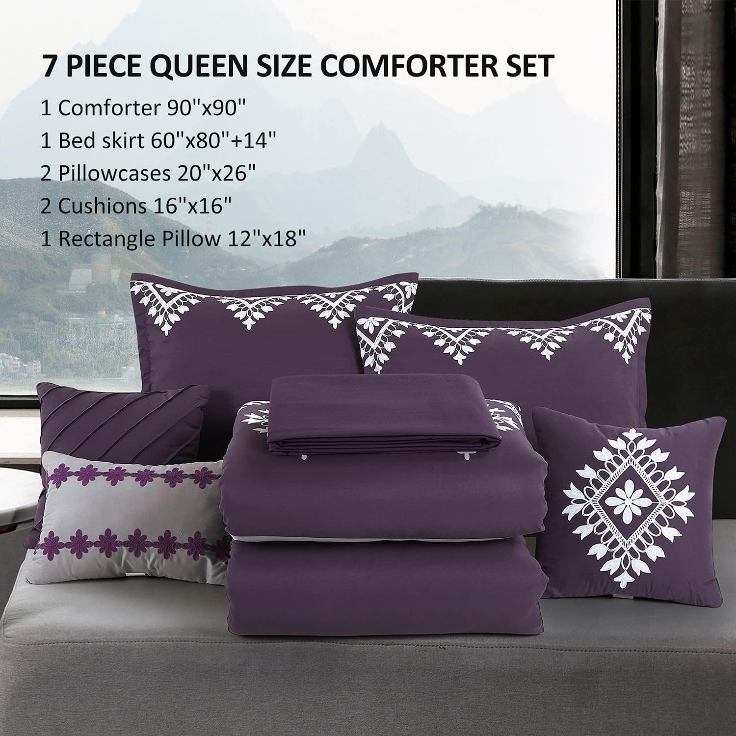 JML Queen Comforter Set, 7 Piece, Purple | Microfiber - Luxury Quilted Embroidery, Comforter with Bedskirt and Decorative Pillows