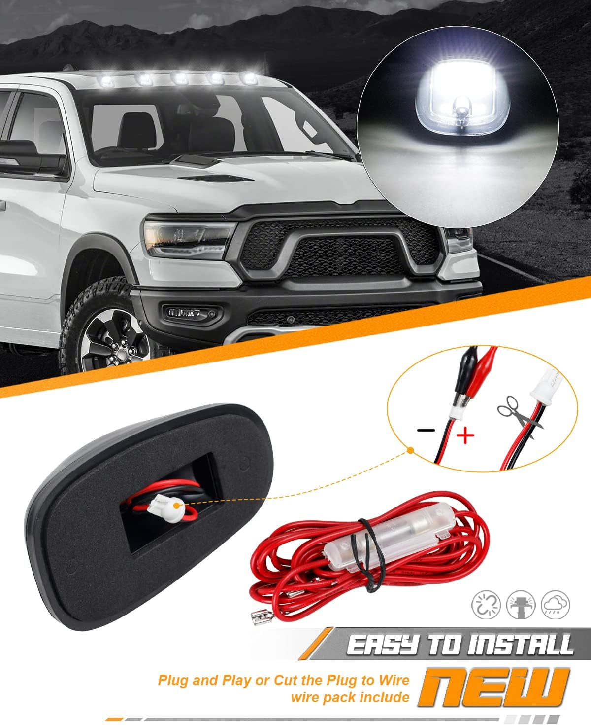 HERCOO 5PCS Smoke Lens Roof Cab Marker Lights Clearane LED Running Top Marker Light Assembly with Wire Harness Compatible with Doge Ram 1500 2500 3500 4500 5500 2003-2018 Pickup Trucks, White