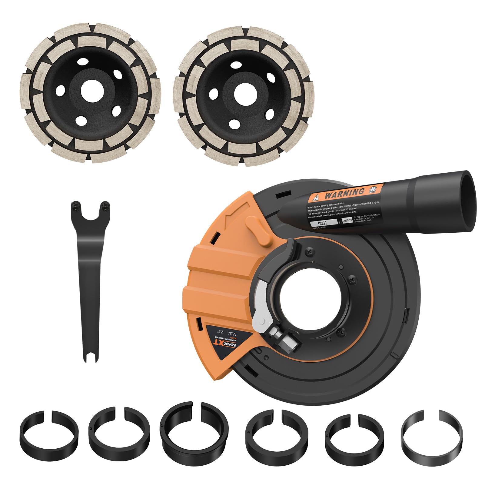MAXXT Set di levigatura per calcestruzzo, cappa di aspirazione per smerigliatrice angolare, con 2 punte diamantate da 125 mm e adattatore M14