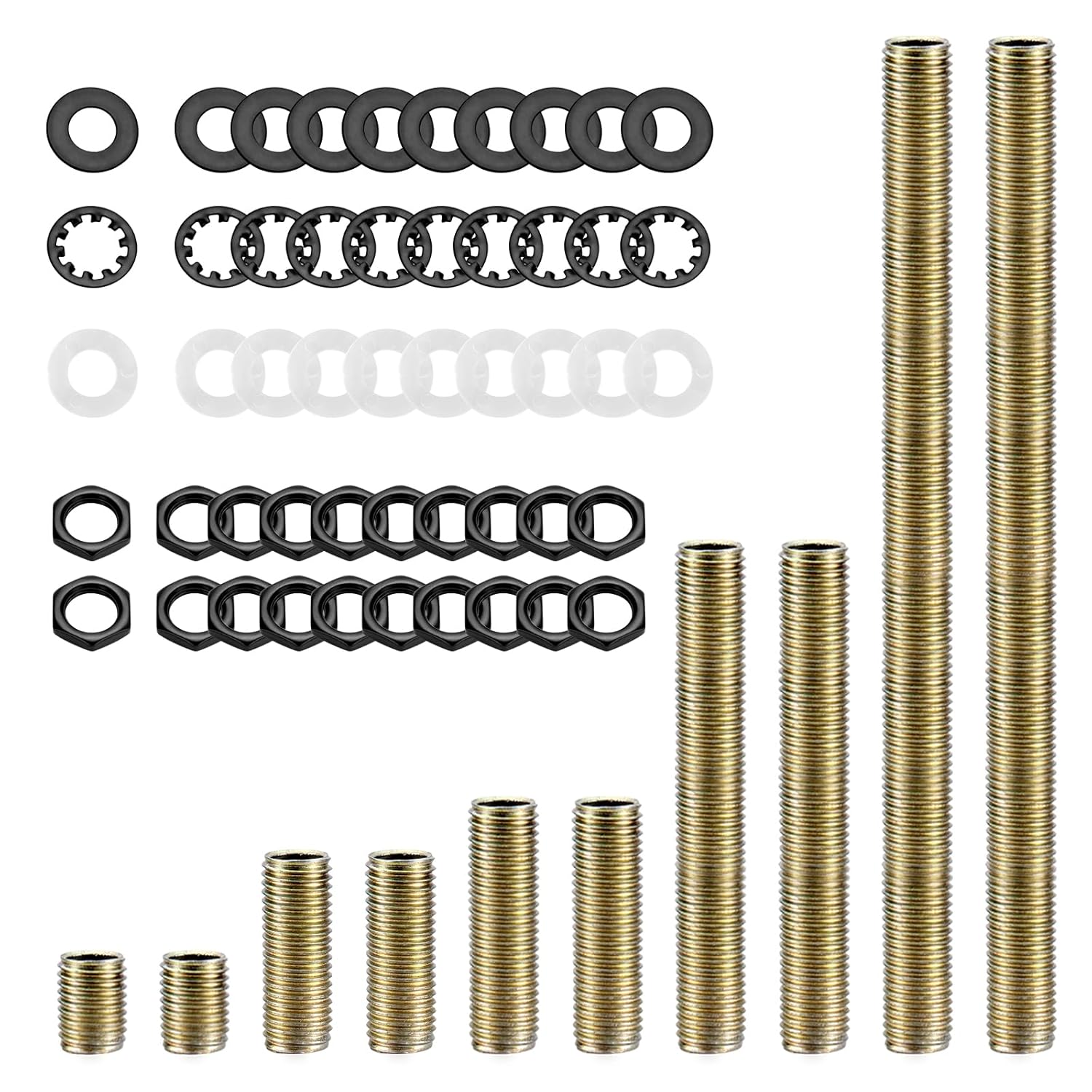 Lamp Repair Hardware Kit-5 Size Thread Lamp Pipe Nipples,20 Lock Nuts,3 Type of Washers,Total 60 Pieces Lamp Repair Hardware Assortment Pack,Perfect for Assembly Lamp and Lamp DIY (Black)