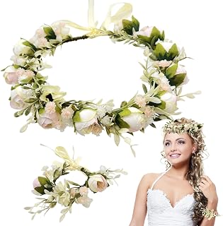 VZXQX Blumenkranz Haare Oktoberfest Damen, Braut Haarschmuck Hochzeit Haarreif Dirndl Boho Blumenkrone mit Armband, Rosen Blumenstirnband Verstellbarer Blumenhaarreife für Party Karneval Hawaii Strand