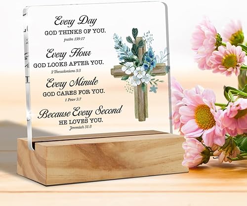 Miniatura 4 de Regalos cristianos inspiradores, versículo bíblico, decoración de escritorio, placa acrílica con soporte de madera, recuerdo de oficina en casa,