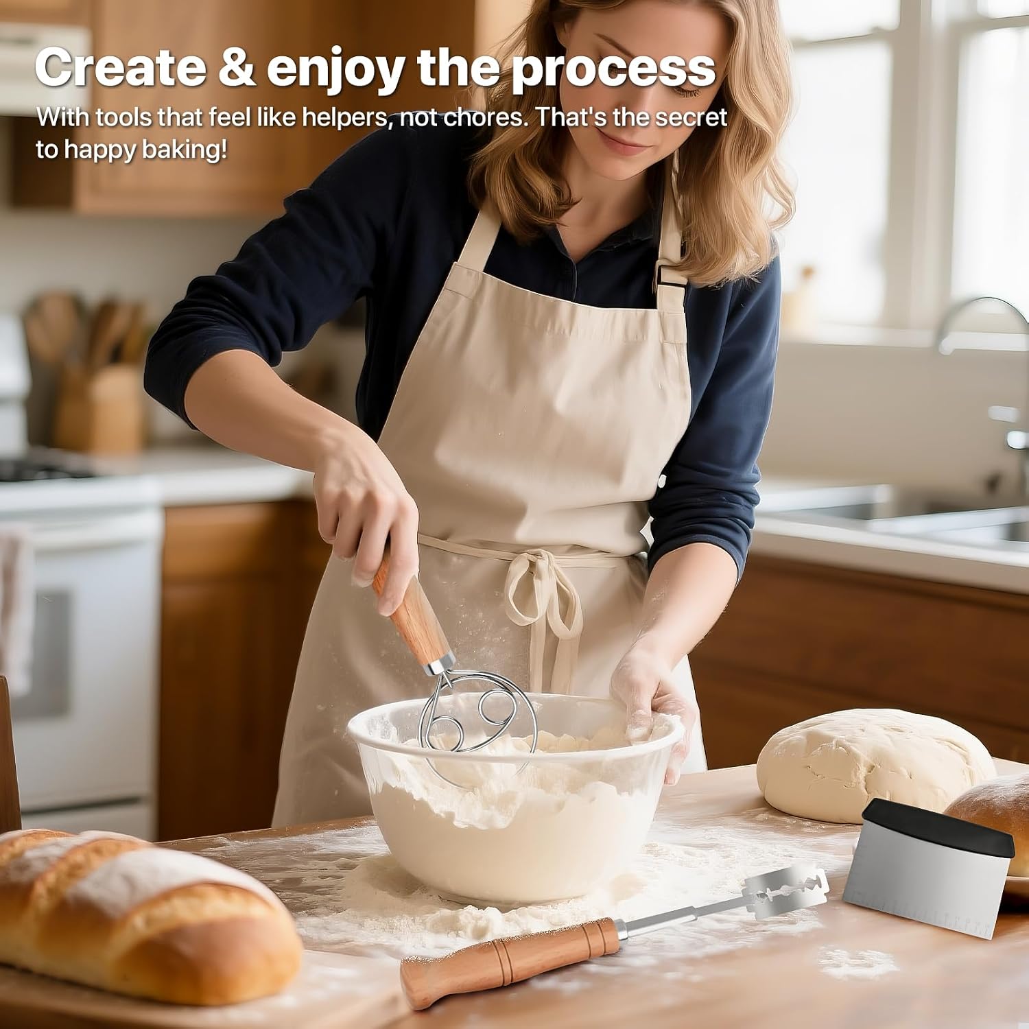 GIRLA Dough Whisk【Set of 3】Danish Dough Whisk,Dough Scraper & Bread Blades