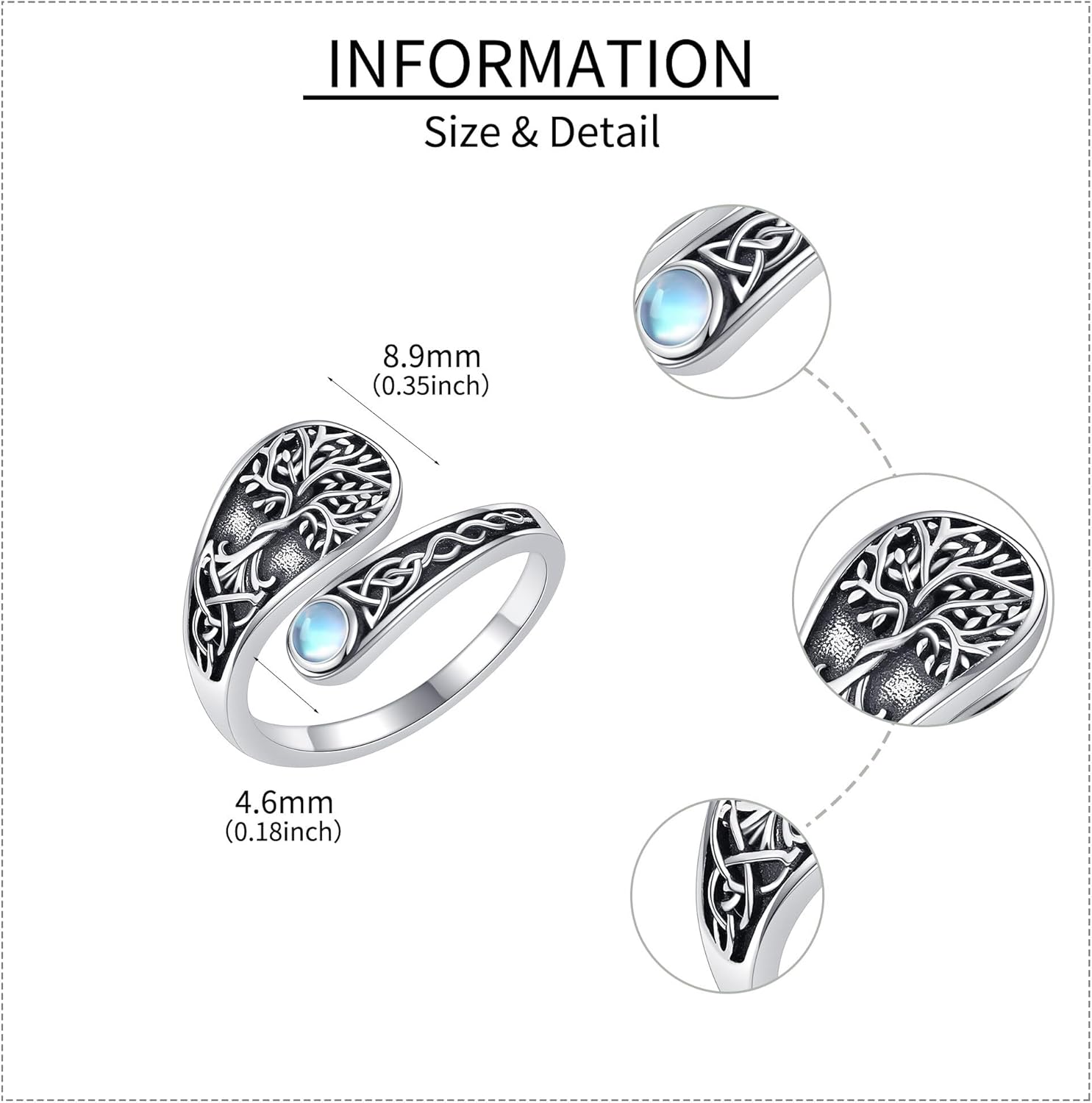 Flower Ring 925 Sterling Silver Rose/Lotus/Tree of Life Adjustable Thumb Open Ring Black Tourmaline Floral Jewelry Mothers Gifts for Women Mom Grandma - Image 3