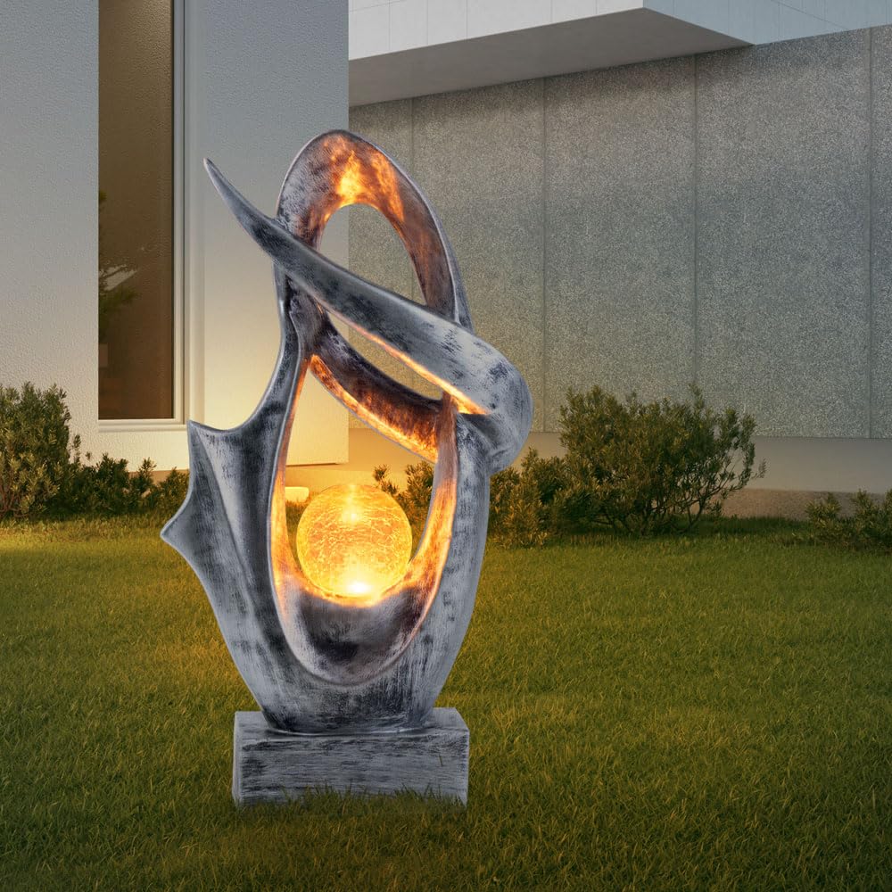 GLOBO Solarlampe für Außen Garten Deko Terrassen Lampe Außen Boden Solar Lampe Outdoor stehend, mit Feuereffekt, Skulptur silber, Crackle Glaskugel, 1x LED 3000K, BxH 25,5x45 cm