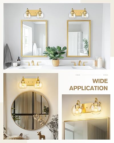 Miniatura 5 de Emak VL118-BGD-CG-2 - Moderna lámpara de baño de oro cepillado, 2 luces con pantalla de vidrio transparente, luces de tocador de globo para baño,