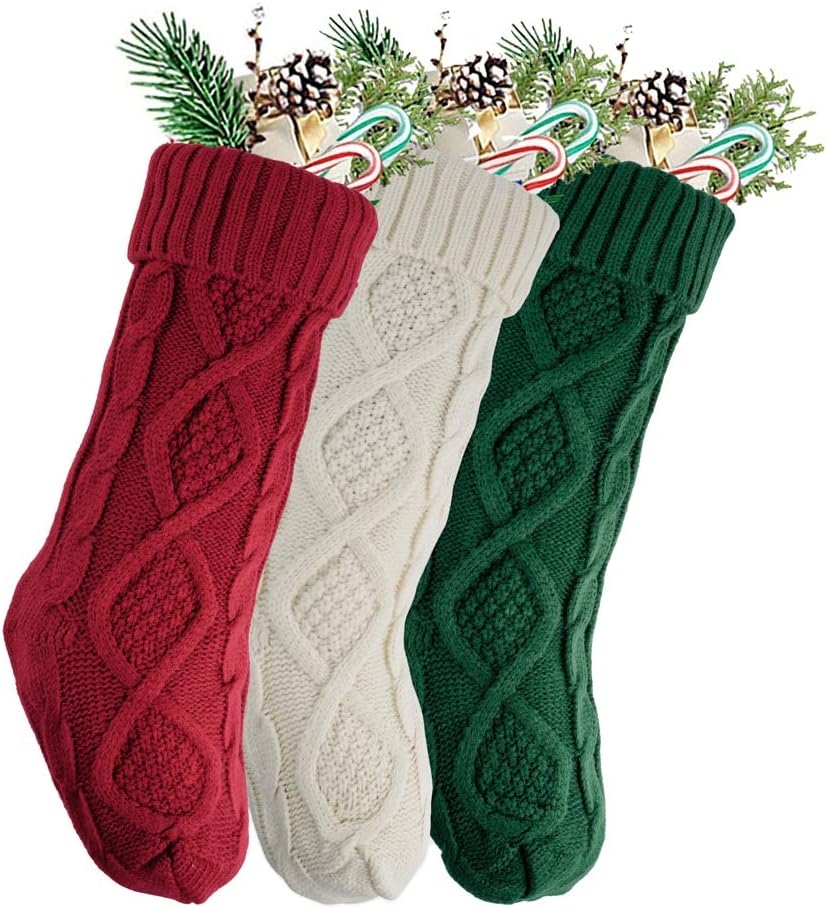 QBSM Christmas Stockings, 3 Pack 18 inches Large Size Cable Knit Knitted Xmas Rustic Personalized Stocking Decorations for Family Holiday Season Decor, Green Creamy White and Dark Red