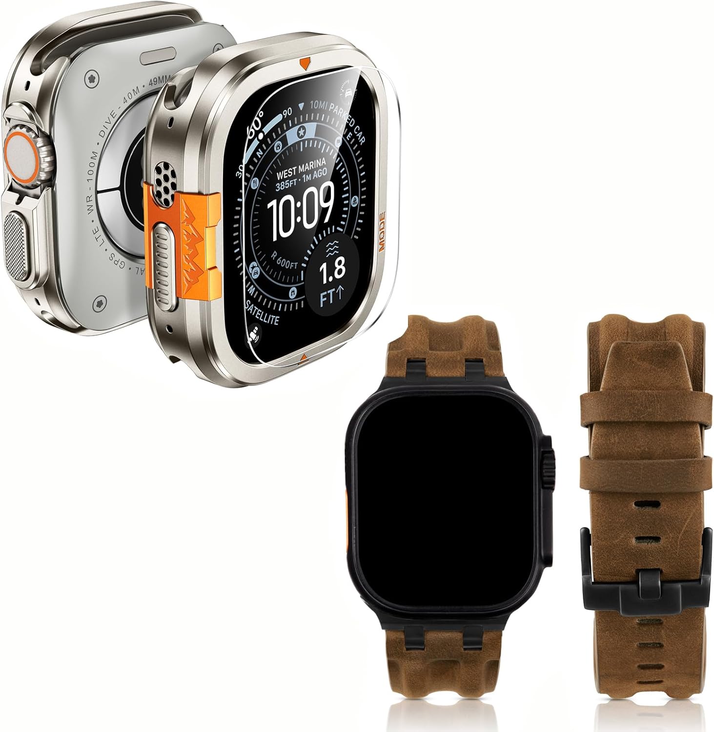 LETOID Metal Case and Leather Band Compatible with Apple Watch Ultra 3 /Ultra 2 /Ultra 49mm