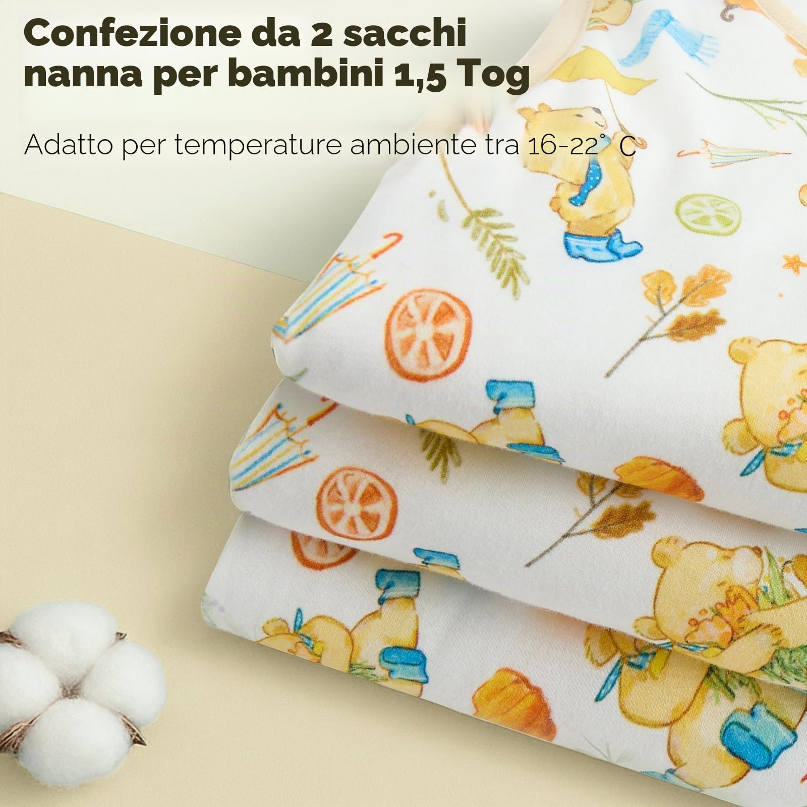 WYTbaby 2er Pack Sacco nanna per neonati 1.5 Tog Sacco nanna per tutto l'anno Morbido 100% cotone Sacco nanna per neonati Inverno per neonati maschi e femmine 0-18 mesi, giallo., 80 cm/12–18 Monate